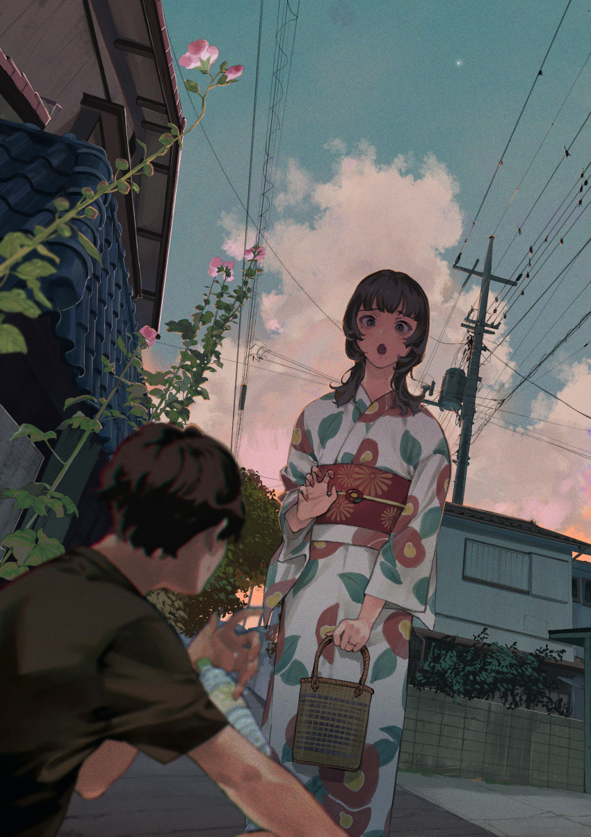 1boy 1girl absurdres basket black_shirt blue_eyes bottle brown_hair character_request chromatic_aberration cloud commentary cumulonimbus_cloud dropping fingernails floral_print flower highres holding holding_basket house japanese_clothes jewelry kento_matsuura kimono long_hair long_sleeves looking_at_another mole mole_on_neck mole_under_eye mole_under_mouth moon open_mouth outdoors phantom_seer pink_flower plant red_nails ring shirt sitting surprised sweat t-shirt utility_pole water_bottle wide_sleeves