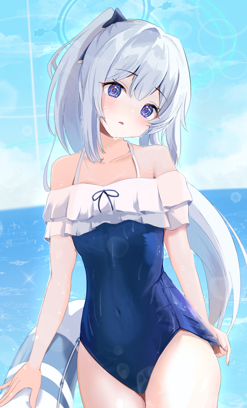 1girl absurdres beach blue_archive blue_hair blue_halo blue_one-piece_swimsuit blue_sky commentary_request covered_navel cowboy_shot frilled_one-piece_swimsuit frills halo head_tilt highres light_blue_hair long_hair looking_at_viewer miyako_(blue_archive) miyako_(swimsuit)_(blue_archive) ocean off-shoulder_one-piece_swimsuit off_shoulder official_alternate_costume official_alternate_hairstyle one-piece_swimsuit open_mouth outdoors ponytail purple_eyes school_swimsuit sky solo swimsuit teritama_(teritama_house) very_long_hair wet wet_clothes wet_swimsuit