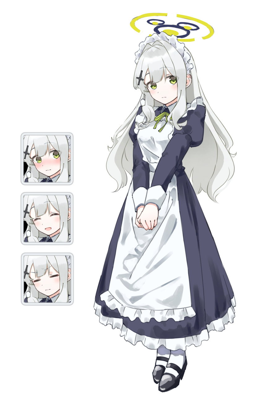 1girl absurdres apron black_dress black_footwear blue_archive blush closed_mouth commentary_request dress frilled_apron frilled_dress frills full_body green_eyes grey_hair hare_(blue_archive) heimu_(heim_kstr) highres juliet_sleeves long_hair long_sleeves looking_at_viewer maid maid_headdress multiple_views pantyhose puffy_sleeves shoes simple_background white_apron white_background white_pantyhose