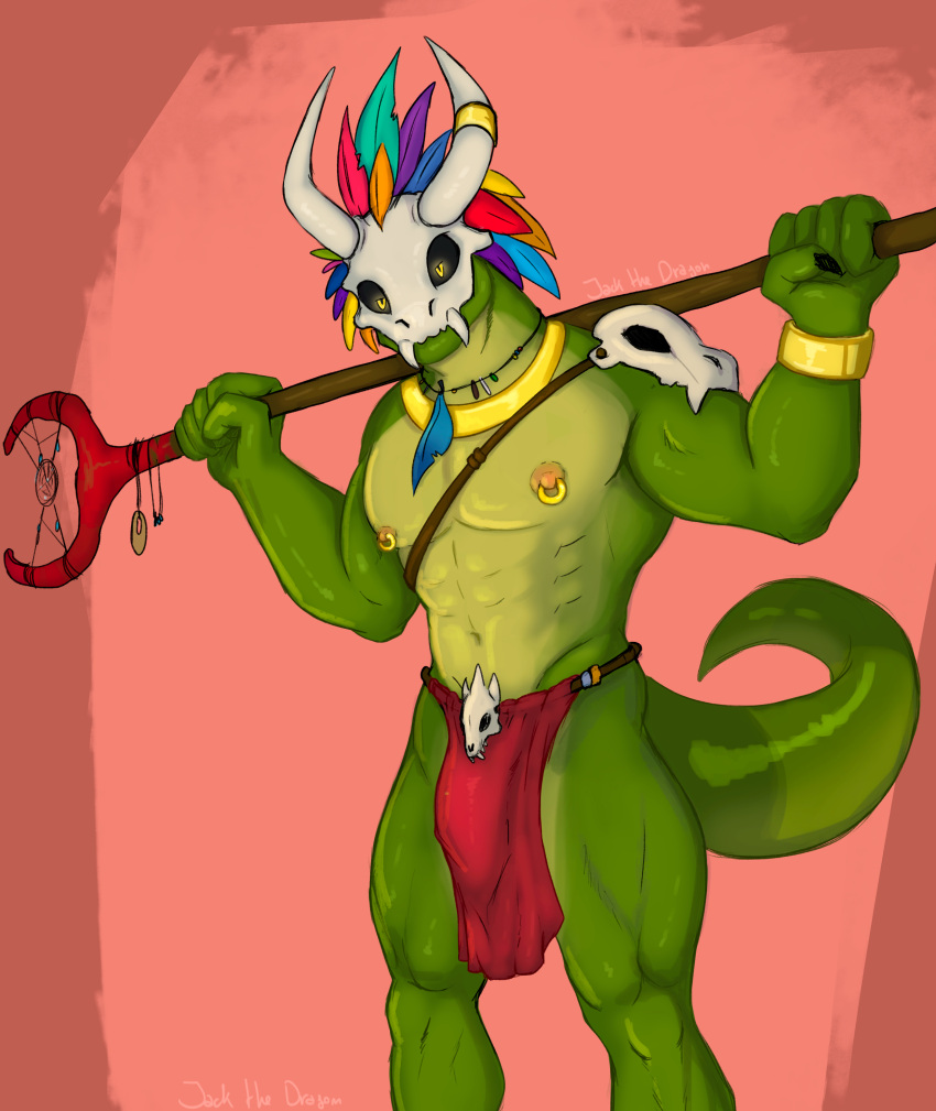 absurd_res anthro big_muscles bulge green_body hi_res jack_the_dragon lizard looking_at_viewer male mask muscular muscular_anthro muscular_male nipple_piercing nipples piercing raised_arm reptile scalie simple_background skull_mask solo tail terraria witch_doctor_(terraria) yellow_eyes
