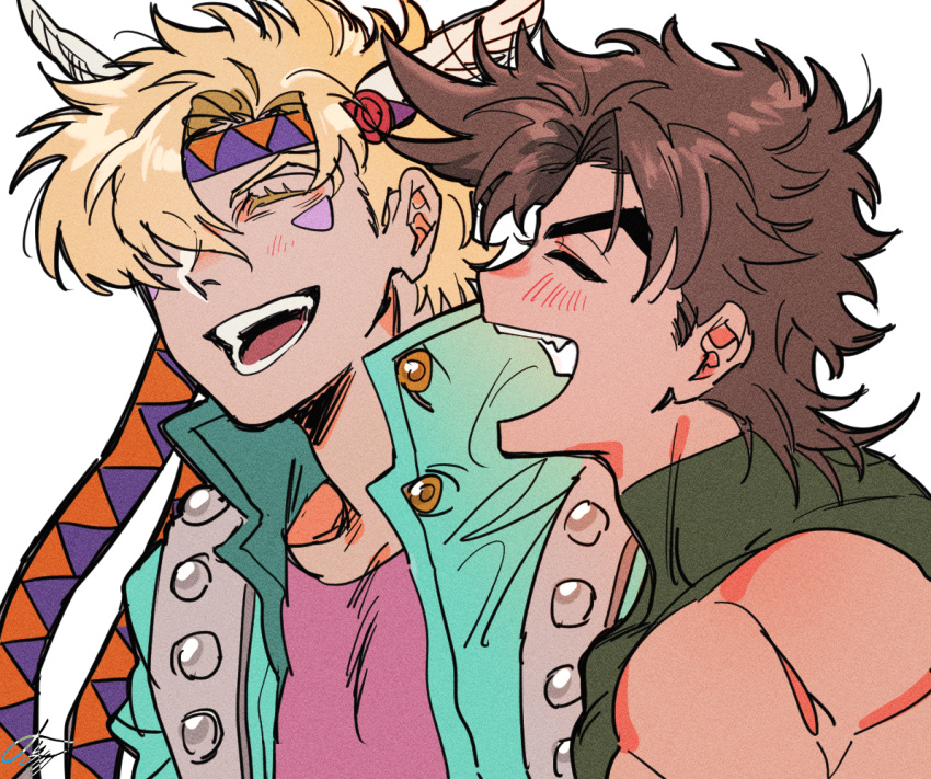 2boys :d ^_^ artist_name battle_tendency blonde_hair blue_jacket blush brown_hair caesar_anthonio_zeppeli carota327 closed_eyes colored_eyelashes facial_mark fang feather_hair_ornament feathers green_shirt hair_ornament happy headband jacket jojo_no_kimyou_na_bouken joseph_joestar joseph_joestar_(young) male_focus multiple_boys muscular muscular_male open_clothes open_jacket open_mouth pink_shirt scarf shirt short_hair signature simple_background skin_tight sleeveless sleeveless_shirt smile triangle_print turtleneck upper_body white_background