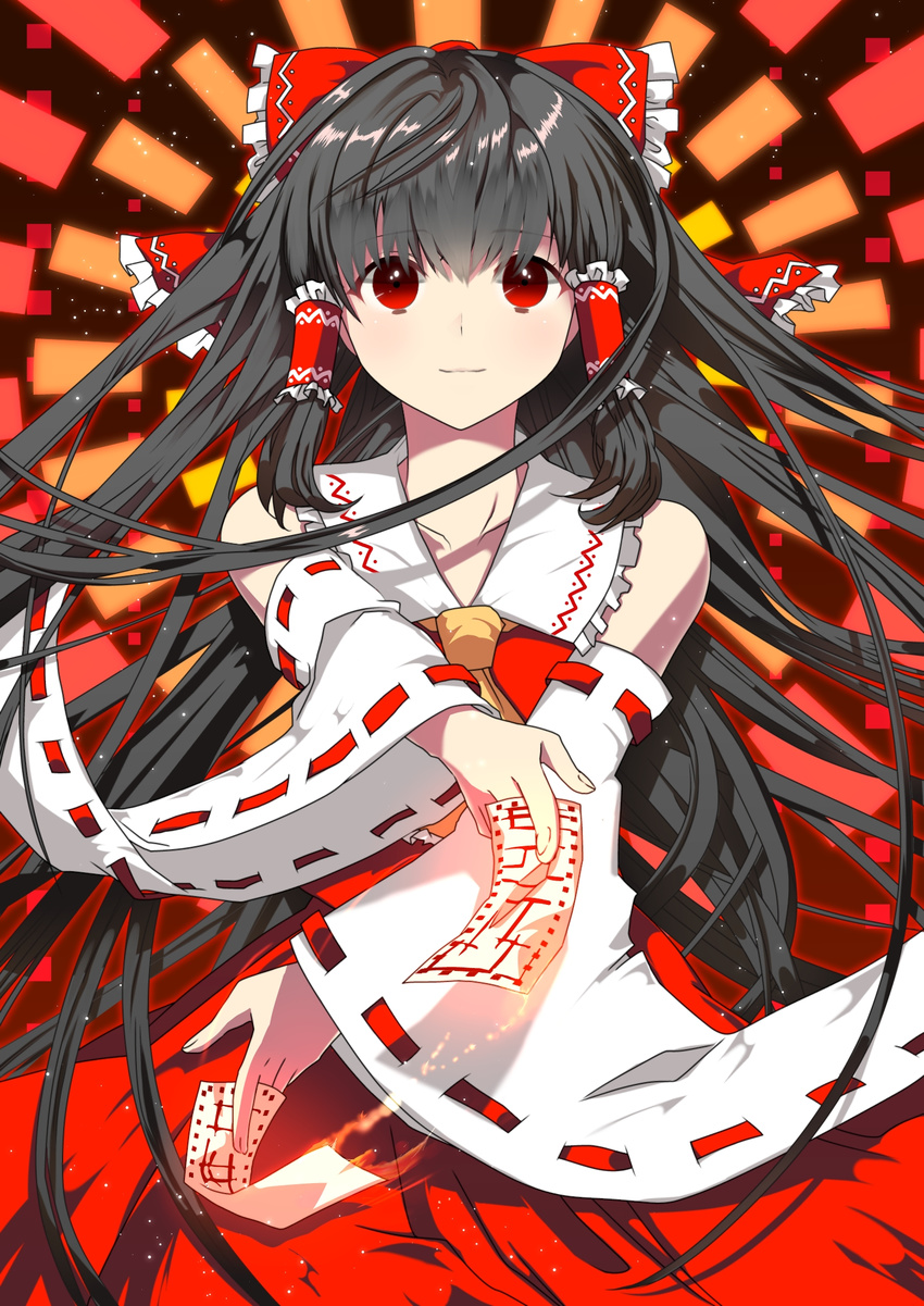 bad_id bad_pixiv_id bare_shoulders black_hair bow chirosuke danmaku detached_sleeves fire foreshortening frills hair_bow hakurei_reimu hands highres large_bow light_smile long_hair ofuda red_eyes smile solo touhou upper_body very_long_hair x_arms