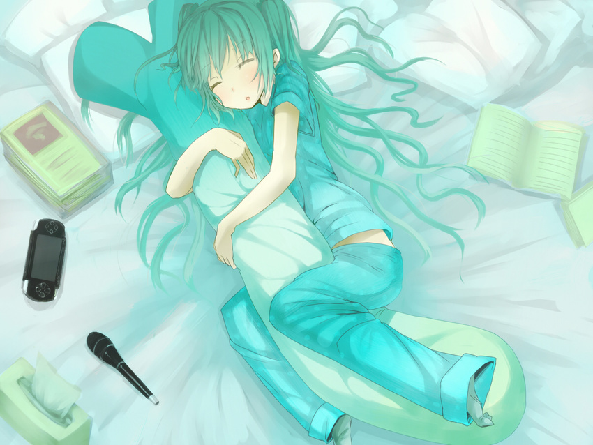 bad_id bad_pixiv_id body_pillow book closed_eyes green_hair handheld_game_console hatsune_miku long_hair microphone pajamas pillow pillow_hug playstation_portable shiro_shougun sleeping socks solo spring_onion themed_object tissue_box vocaloid