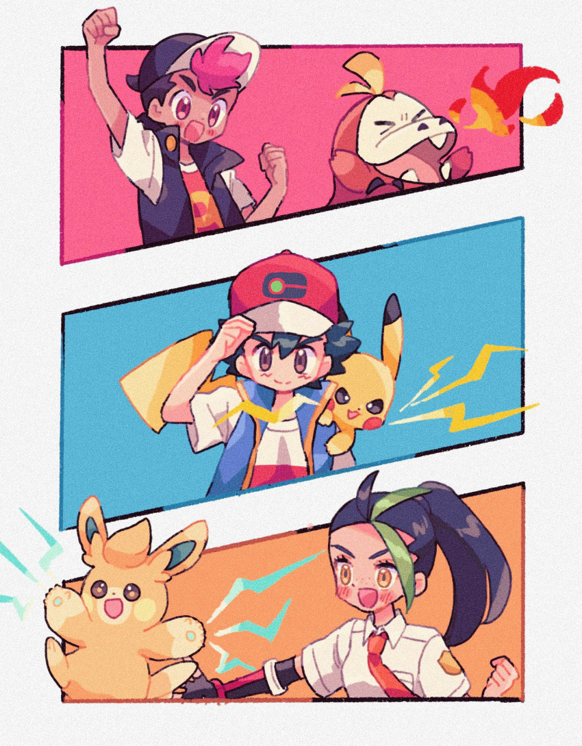 1girl 2boys adjusting_clothes adjusting_headwear animal_on_shoulder arm_up ash_ketchum baseball_cap black_gloves black_hair black_headwear black_jacket blue_jacket blush_stickers breathing_fire bright_pupils brown_eyes clenched_hand clenched_hands closed_eyes collared_shirt commentary_request determined electricity fangs fingerless_gloves fire fuecoco gloves green_hair hands_up happy hat high_ponytail highres jacket long_hair mgomurainu multicolored_hair multiple_boys necktie nemona_(pokemon) on_shoulder open_clothes open_jacket open_mouth orange_necktie outstretched_arm outstretched_hand pawmi pikachu pokemon pokemon_(anime) pokemon_(creature) pokemon_horizons pokemon_on_shoulder pokemon_sv purple_hair red_eyes red_headwear red_shirt roy_(pokemon) shirt short_sleeves single_glove smile white_shirt yellow_eyes