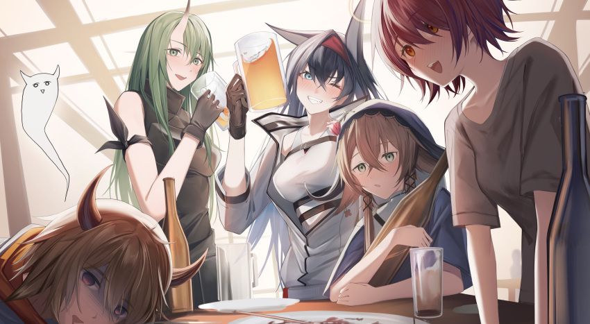 1boy 4girls :d absurdres alcohol arknights bare_shoulders beer beer_mug bison_(arknights) black_gloves black_hair blaze_(arknights) blue_eyes blue_shirt blush bottle breasts brown_gloves brown_hair character_request check_character collarbone commentary_request cup exusiai_(arknights) giving_up_the_ghost gloves green_eyes green_hair grey_shirt grin hair_between_eyes hairband highres holding holding_cup horns hoshiguma_(arknights) hugging_object indoors jacket long_hair medium_breasts mug multiple_girls nose_blush one_eye_closed pallas_(arknights) parted_lips r_oot red_eyes red_hair red_hairband shirt short_sleeves single_horn smile tank_top very_long_hair white_jacket white_tank_top