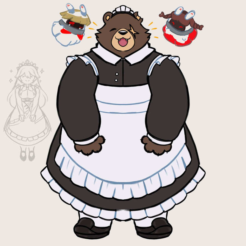 1boy alternate_costume animal_ears apron bear_boy bear_ears ben_bigger black_dress character_request chibi cosplay_request deformed dress enmaided flat_color full_body furry furry_male happy happy_aura highres looking_at_viewer maid maid_apron maid_headdress male_focus scar scar_across_eye short_hair solo starbuchi straight-on zenless_zone_zero