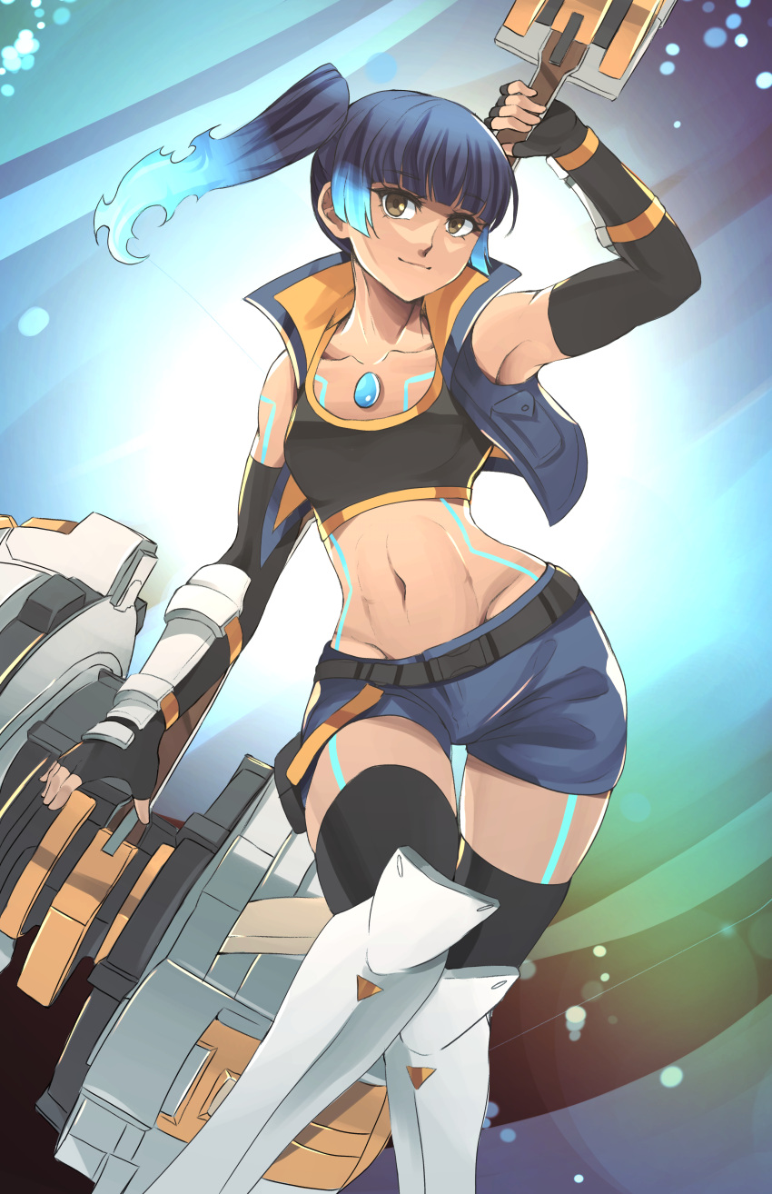 1girl absurdres black_sports_bra black_thighhighs blue_hair blunt_bangs breasts brown_eyes chest_jewel crop_top fiery_hair fingerless_gloves gloves glowing_lines hammer highres holding holding_hammer looking_at_viewer multiple_girls navel sean_sorey sena_(xenoblade) shorts shoulder_strap side_ponytail small_breasts smile solo sports_bra thighhighs xenoblade_chronicles_(series) xenoblade_chronicles_3