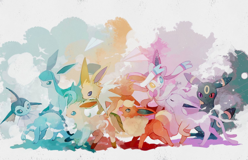 abstract_background animal_focus bird blue_eyes blue_sky closed_eyes closed_mouth commentary_request double_exposure espeon fang fins flareon fluffy frills from_side glaceon gradient_background grey_eyes head_fins heterochromia jolteon leafeon li04r looking_ahead looking_at_another looking_back moon night night_sky open_mouth paper_airplane pokemon pokemon_(creature) purple_eyes rainbow_order red_eyes sky slit_pupils star_(sky) straight-on sylveon teeth umbreon upper_teeth_only vaporeon walking yellow_eyes