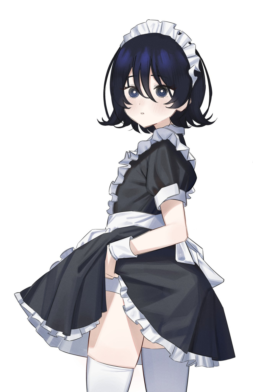 1girl adjusting_clothes adjusting_panties apron black_dress blue_eyes blue_hair blush dress frilled_apron frills from_side highres indonesian_commentary looking_at_viewer maid maid_headdress original panties parted_lips puffy_short_sleeves puffy_sleeves ringed_eyes sambel_kacang1 short_hair short_sleeves solo thighhighs underwear upper_body white_apron white_background white_panties white_thighhighs wrist_cuffs