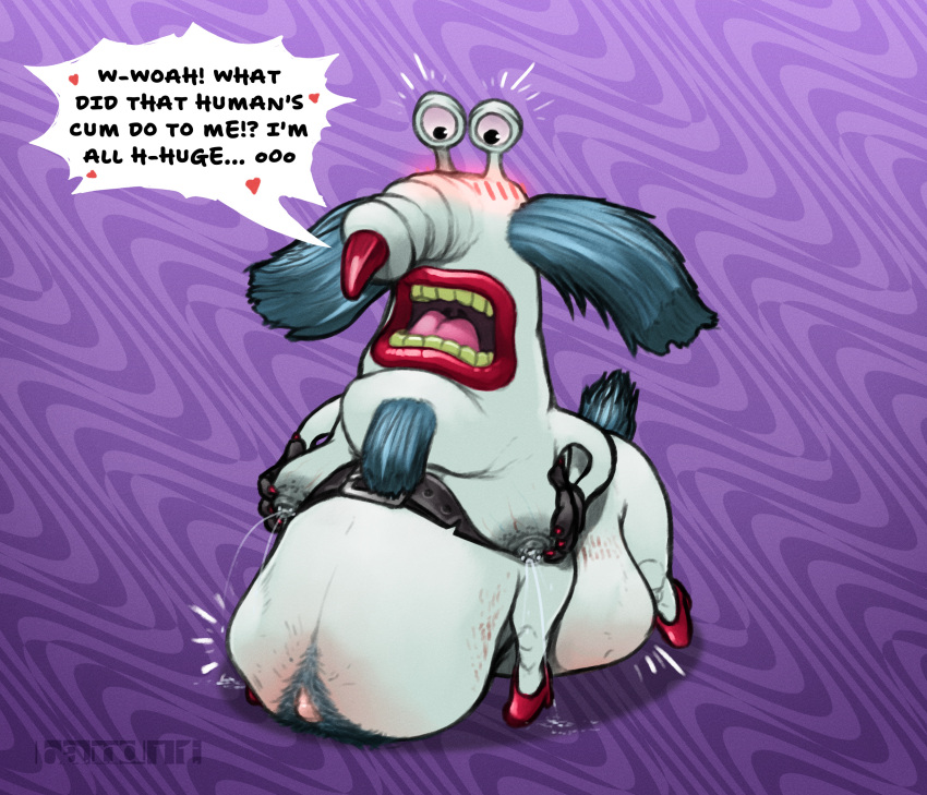 aaahh!!!_real_monsters anthro band1tnsfw belly belt big_belly blue_hair blush blush_lines bodily_fluids breasts clothing dark_nipples digital_drawing_(artwork) digital_media_(artwork) facial_hair footwear goatee grey_body grey_skin hair hi_res lactating lips looking_at_belly male male_anthro monster nickelodeon overweight overweight_anthro overweight_male pregnant pregnant_anthro pregnant_male red_clothing red_footwear red_heels red_lips red_shoes shoes simple_background solo sound_effects stretch_marks tail teeth the_gromble unborn_kicking vein veiny_breasts yellow_teeth