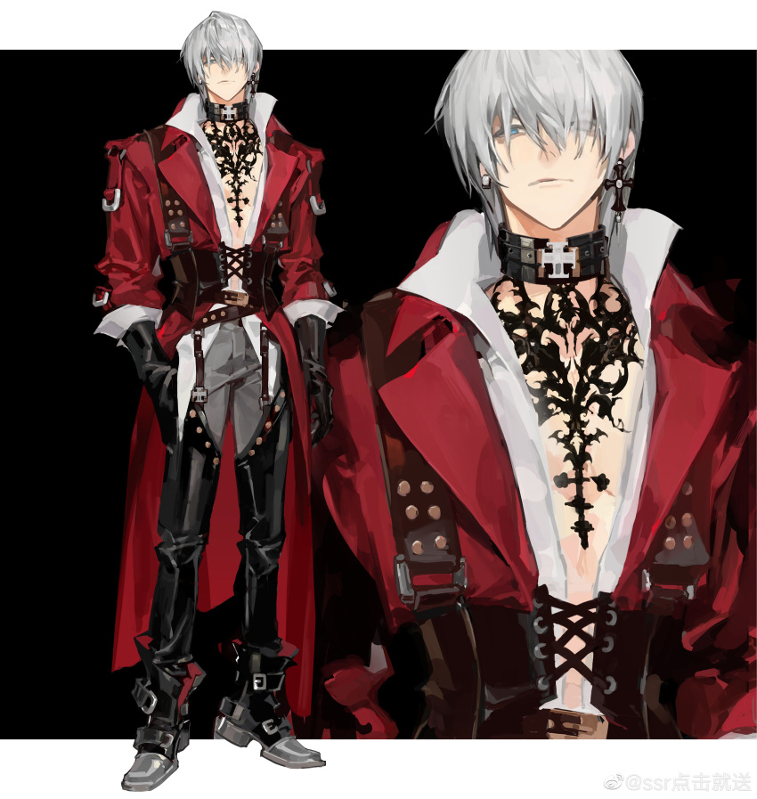 1boy absurdres bishounen black_gloves blue_eyes boots cross cross_earrings cross_necklace dante_(devil_may_cry) devil_may_cry_(series) devil_may_cry_3 earrings gloves hair_over_one_eye highres jewelry long_hair looking_at_viewer male_focus necklace smile solo weibo_5765457468 white_hair