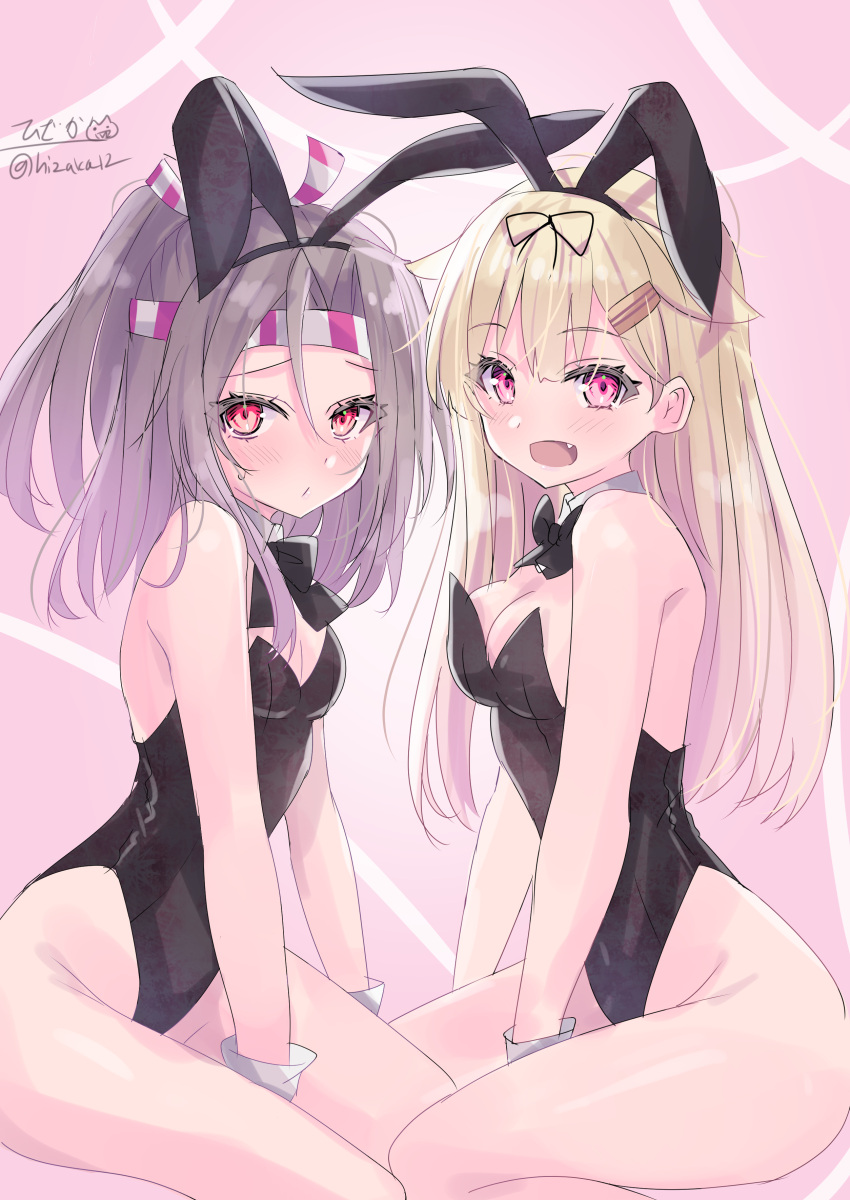 2girls absurdres animal_ears bare_legs black_bow black_bowtie black_leotard blonde_hair bow bowtie breasts cleavage commentary_request detached_collar fake_animal_ears grey_hair hachimaki hair_flaps headband high_ponytail highres hizaka kantai_collection leotard long_hair medium_breasts multiple_girls one-hour_drawing_challenge playboy_bunny rabbit_ears red_eyes small_breasts smile strapless strapless_leotard striped_headband wrist_cuffs yuudachi_(kancolle) zuihou_(kancolle)