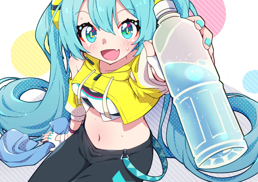 1girl aqua_eyes aqua_hair arm_up blush bottle bra commentary cowboy_shot cropped_jacket drawstring fang fingerless_gloves fitness_boxing foreshortening fuusen_neko gloves hair_ornament hatsune_miku highres holding holding_bottle hood hooded_jacket jacket lanyard long_hair midriff navel official_alternate_costume open_mouth outstretched_arm pants reaching reaching_towards_viewer sitting skin_fang smile solo sports_bra sweat towel track_pants twintails underwear very_long_hair vocaloid water_bottle white_bra white_gloves yellow_jacket