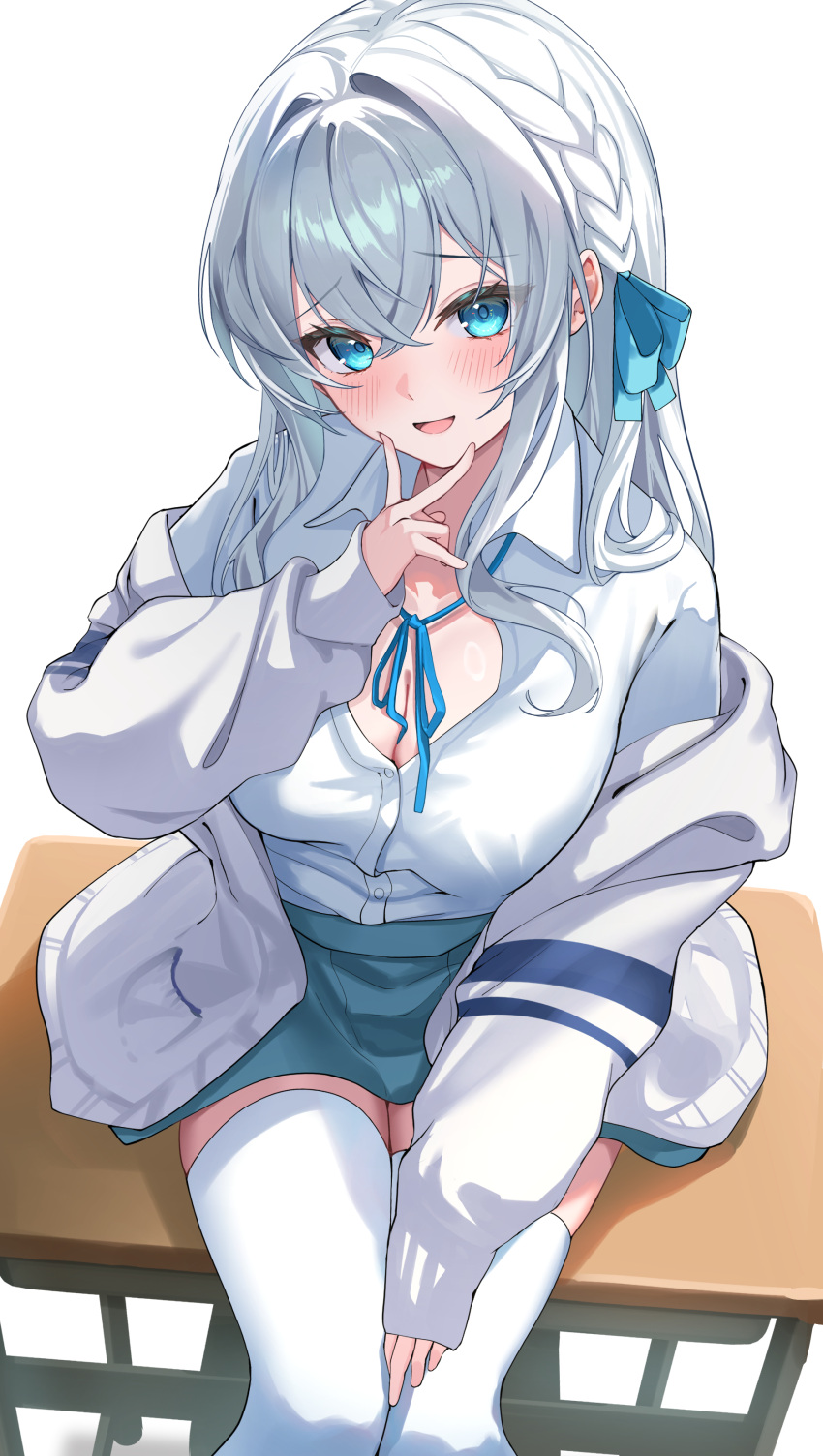 1girl absurdres blue_eyes blue_ribbon blue_skirt braid breasts cleavage collar collared_shirt commentary_request crossed_bangs hair_between_eyes hair_ribbon highres hitachi_sou jacket large_breasts long_hair long_sleeves looking_at_viewer neck_ribbon open_clothes open_jacket open_mouth original ribbon shirt simple_background sitting sitting_on_table skirt smile thighhighs white_background white_collar white_hair white_jacket white_shirt white_thighhighs zettai_ryouiki
