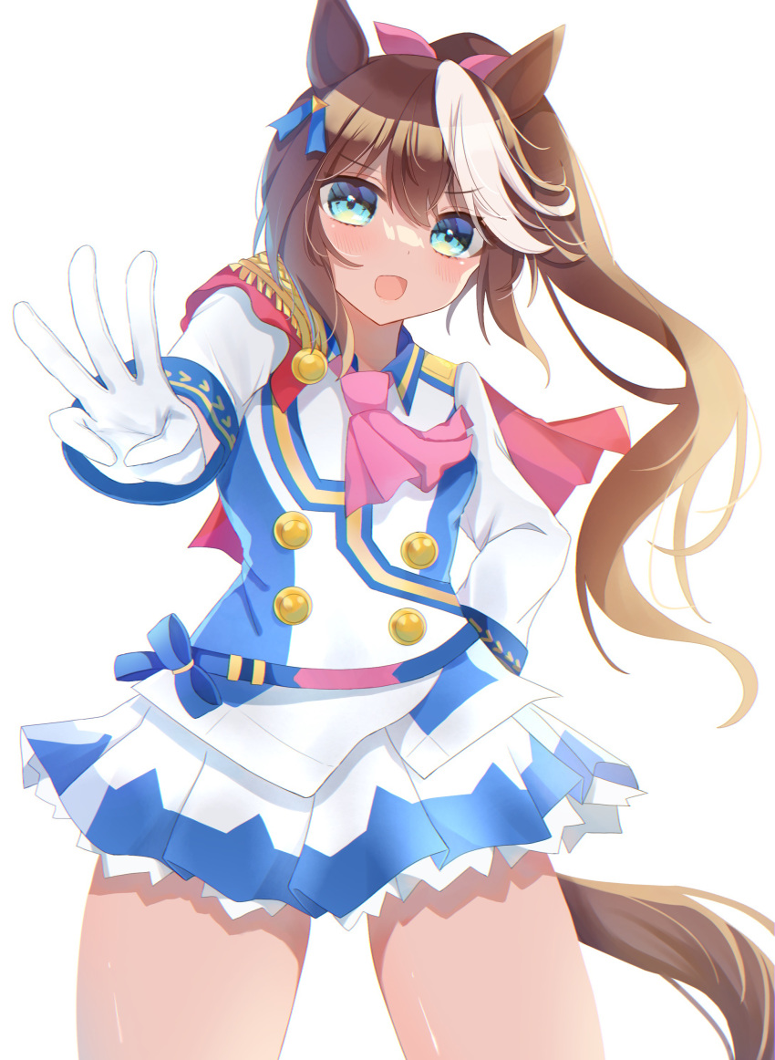 1girl absurdres animal_ears ascot asymmetrical_gloves black_gloves blue_eyes brown_hair commentary cowboy_shot epaulettes gloves hair_ribbon hand_on_own_hip high_ponytail highres horse_ears horse_girl horse_tail jacket kaoru_(h8qm9) long_hair long_sleeves looking_at_viewer miniskirt mismatched_gloves multicolored_hair open_mouth pink_ascot pink_ribbon pleated_skirt ponytail ribbon simple_background single_epaulette skirt smile solo standing streaked_hair tail tokai_teio_(umamusume) two-tone_hair umamusume w white_background white_gloves white_hair white_jacket white_skirt