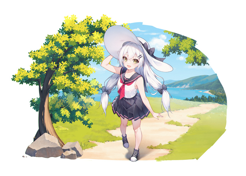 1girl aged_down black_bow black_footwear bow cloud commission forest ge_zhong_kuaile girls'_frontline grass hat lake long_hair looking_at_viewer multiple_hairpins nature neckerchief outdoors path pixiv_commission pleated_skirt red_neckerchief rock sailor_collar school_uniform serafuku shirt shoes skirt sleeveless smile standing sun_hat svd_(girls'_frontline) tree very_long_hair white_hair white_headwear white_shirt yellow_eyes