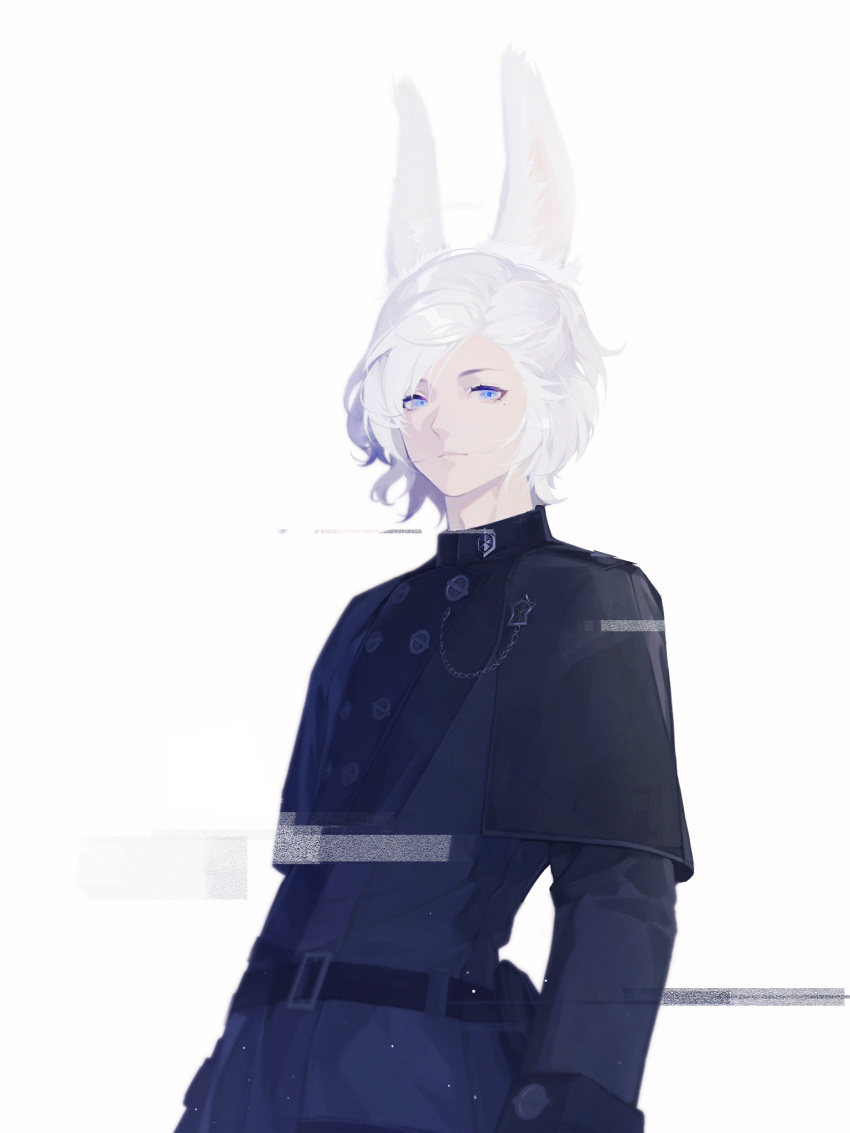 1boy animal_ears belt belt_pouch black_robe blue_eyes brooch chinese_commentary commentary expressionless final_fantasy final_fantasy_xiv glitch highres jewelry lapel_chain looking_at_viewer looking_to_the_side male_focus mole mole_under_eye nery original pouch rabbit_boy rabbit_ears robe short_hair side_cape simple_background solo swept_bangs upper_body viera white_background white_hair