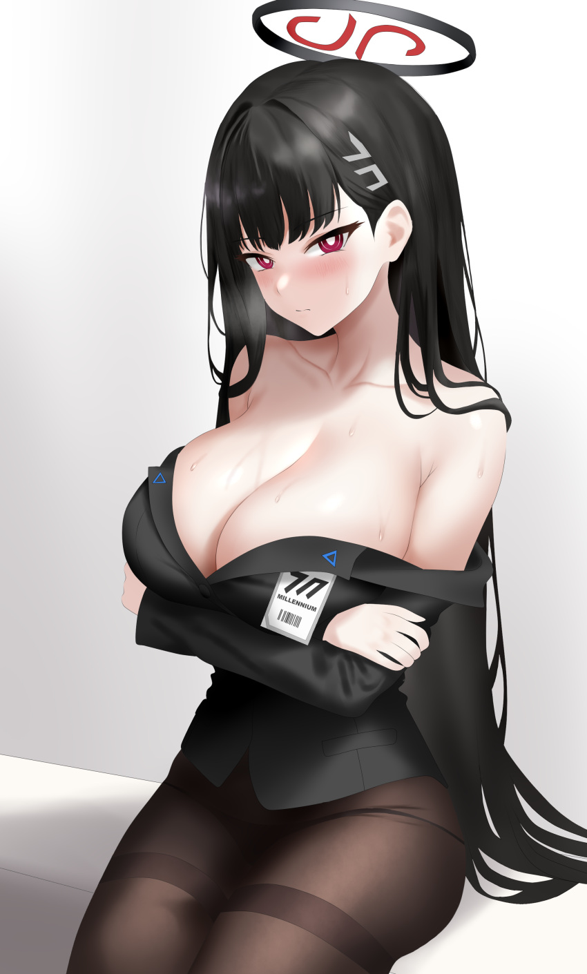 1girl absurdres black_hair black_jacket black_pantyhose blue_archive breasts cleavage highres jacket pantyhose potgit rio_(blue_archive) sweat taking_off