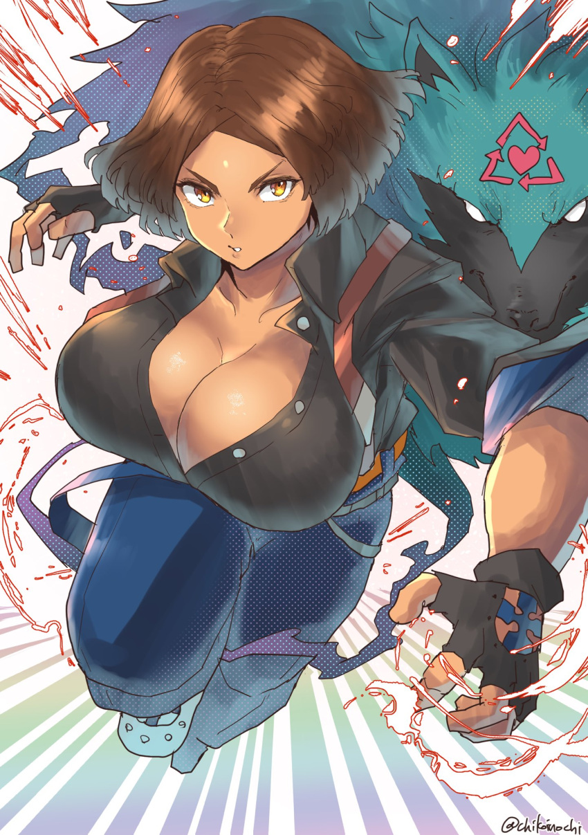 1girl 1other alternate_color arrow_(symbol) belt black_gloves black_shirt breasts brown_hair chikoinochi cleavage dark-skinned_female dark_skin facial_mark fingerless_gloves giovanna_(guilty_gear) gloves green_fur guilty_gear guilty_gear_strive high-waist_pants highres large_breasts lips looking_at_viewer pants partially_unbuttoned recycling_symbol rei_(guilty_gear) shirt short_hair sleeves_pushed_up suspenders wolf yellow_eyes