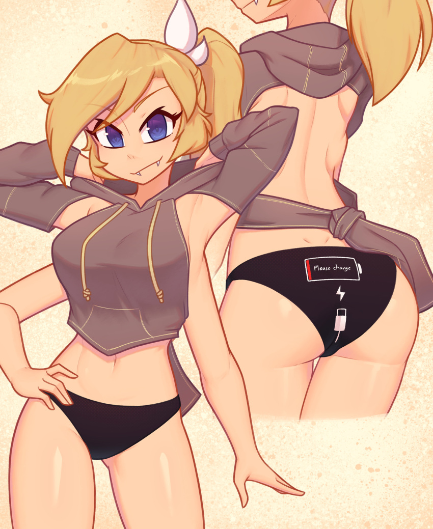 1girl arms_at_sides ass back battery blonde_hair blue_eyes covered_navel english_commentary extra_ears fang highres hood hoodie monster_girl navel neck nelly_(xyronii) original ponytail solo thighs xyronii