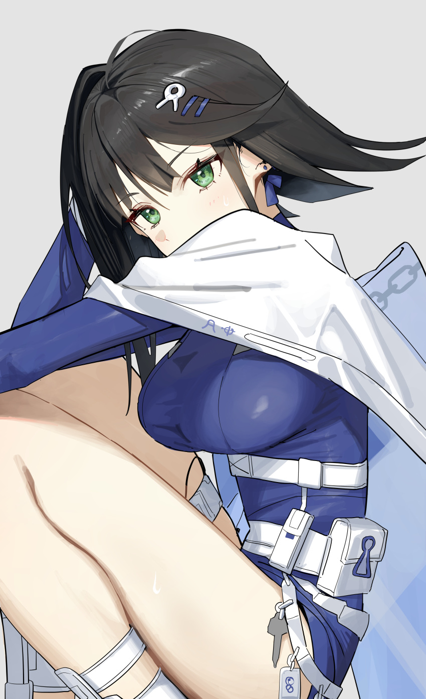 1girl abigail_(eternal_return) absurdres ahoge belt belt_pouch black_hair black_survival blue_bodysuit blunt_bangs bodysuit breasts cape cloak commentary_request covered_mouth earrings eternal_return:_black_survival green_eyes hair_between_eyes hair_ornament hairclip highres jewelry large_breasts long_sleeves looking_at_viewer medium_hair pouch solo syhan thigh_strap thighs upper_body white_background white_belt white_cape white_footwear
