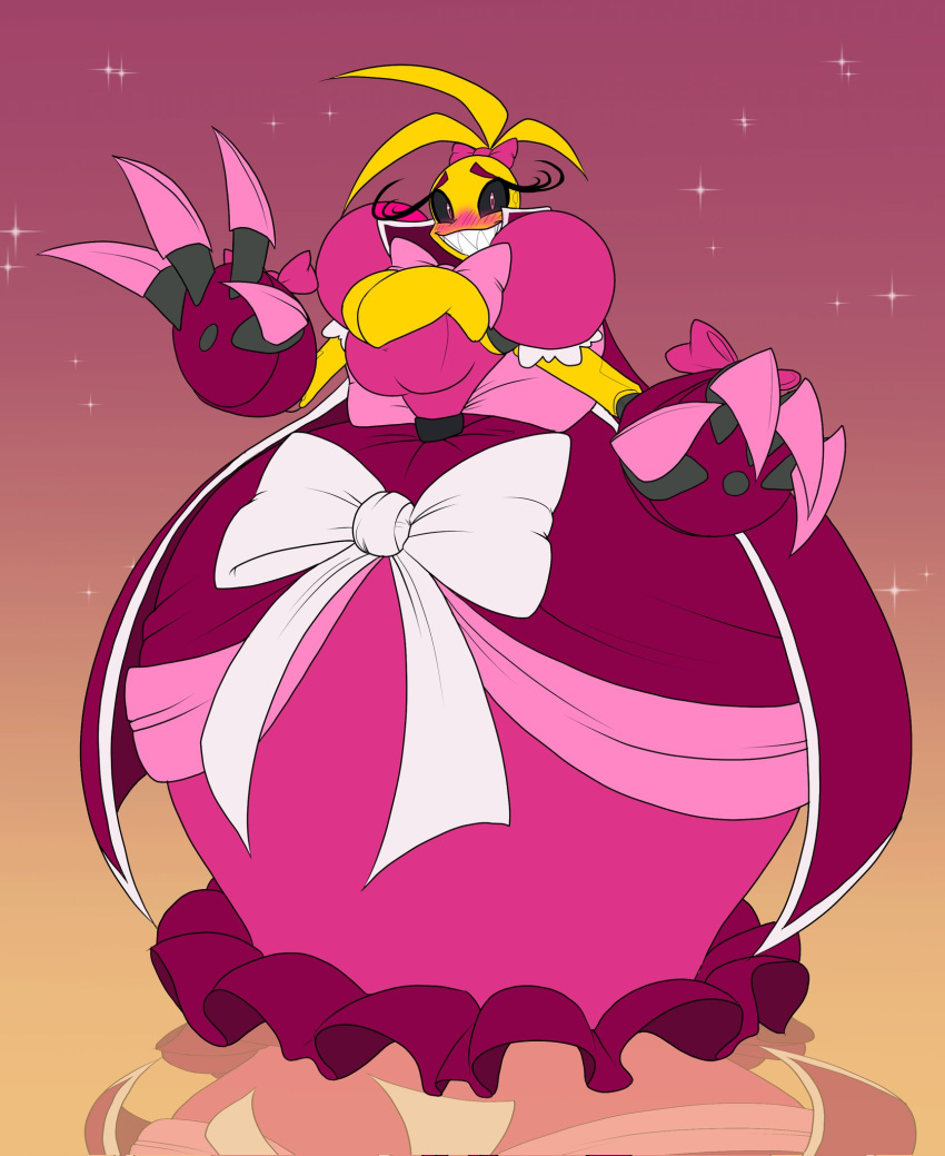 2023 4_fingers accessory animatronic anthro avian big_breasts big_clothing big_dress biped bird black_sclera blush bow_(feature) bow_accessory bow_ribbon breasts buttface_(artist) chicken claws cleavage clothed clothing colored_nails deity dress elegant_dress eyebrows eyelashes feathers female fingers five_nights_at_freddy's five_nights_at_freddy's_2 frilly frilly_clothing frilly_dress frilly_skirt galliform gallus_(genus) gown hair hair_accessory hair_bow hair_ribbon hi_res humanoid hyper_eyelashes looking_at_viewer machine nails phasianid pink_clothing pink_eyes pink_nails puffy_dress ribbons robot robot_humanoid scottgames sharp_teeth small_waist smile solo sparkles teeth tight_clothing tight_fit tight_topwear topwear toughset toy_chica_(fnaf) yellow_body