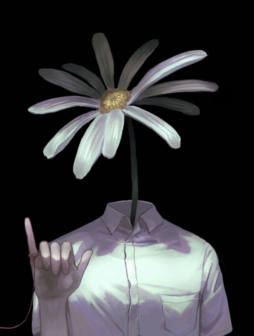 1girl black_background breast_pocket breasts collared_shirt daisy dress_shirt facing_viewer flower hand_up highres monster_girl object_head original oversized_flower pinky_out plant plant_girl pocket shirt short_sleeves simple_background solo string string_of_fate upper_body white_flower white_shirt yiwoo2030