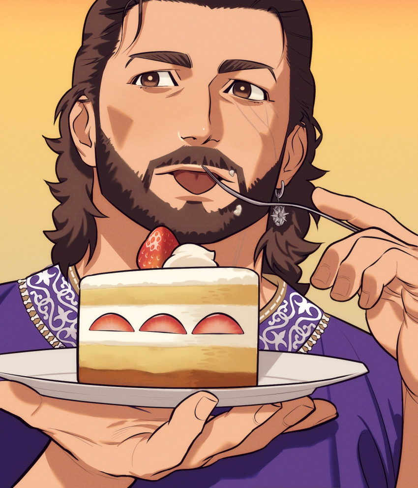 1boy baldur's_gate baldur's_gate_3 beard brown_hair cake connected_beard dungeons_and_dragons eating facial_hair food full_beard gale_(baldur's_gate) highres holding holding_plate kalium_(jojajoja99999) looking_to_the_side male_focus mature_male medium_hair plate solo strawberry_shortcake thick_eyebrows tongue tongue_out upper_body