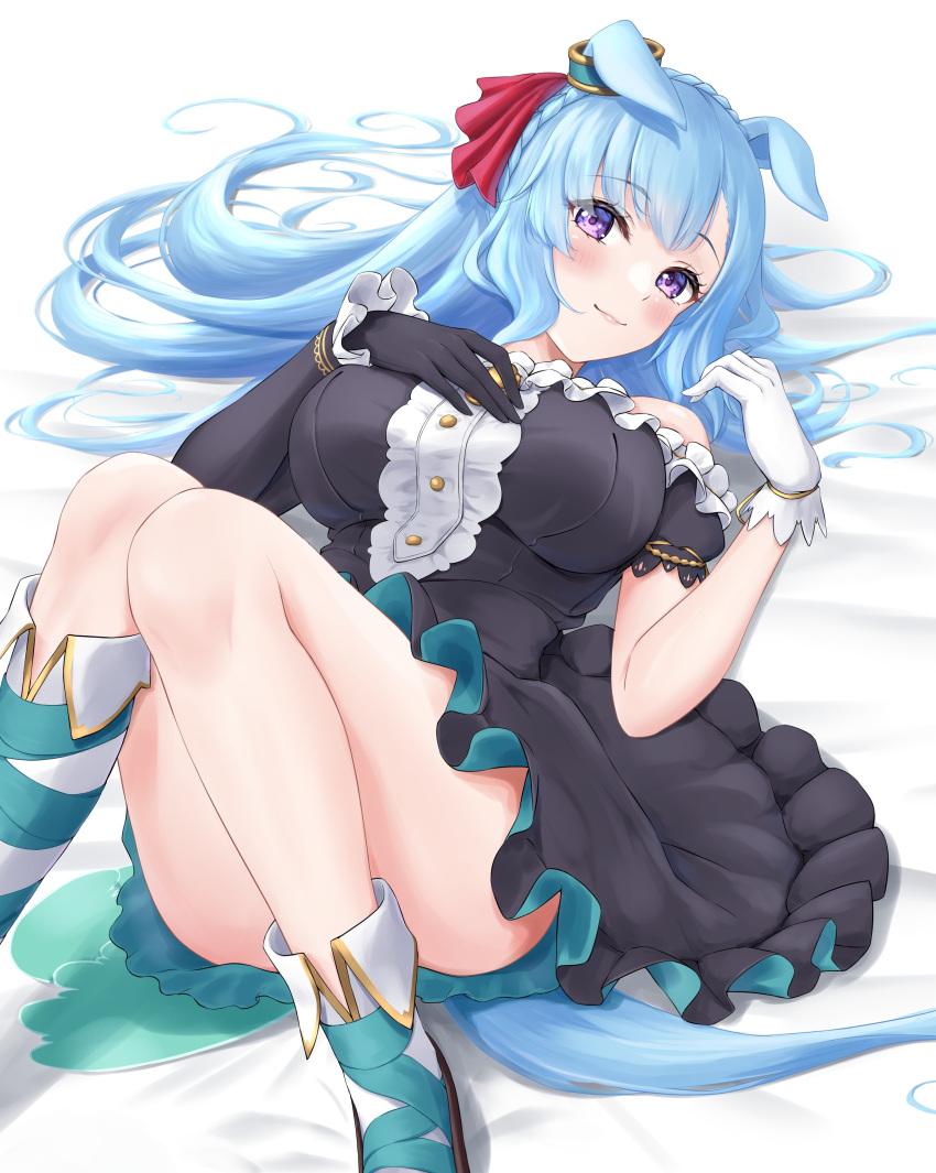 1girl absurdres animal_ears asymmetrical_footwear asymmetrical_sleeves bare_shoulders black_gloves blue_hair blush braid breasts cleavage commentary_request crown_braid dress ear_ornament ears_down fold-over_boots foot_out_of_frame frilled_dress frills gloves highres horse_ears horse_girl large_breasts light_blue_hair long_hair long_sleeves mejiro_ardan_(umamusume) on_chair parted_lips purple_eyes short_sleeves simple_background solo taku_(312nismo1) umamusume white_background white_footwear