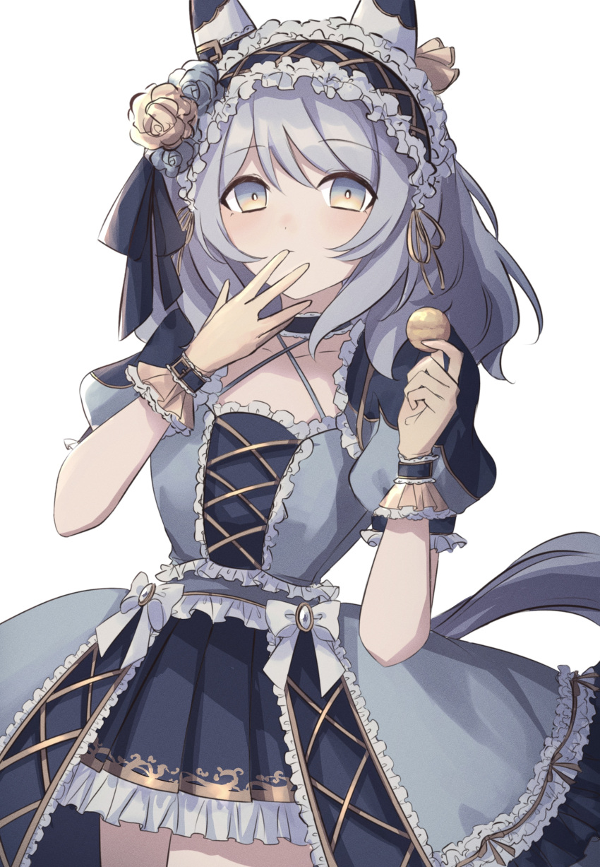 1girl absurdres alternate_costume animal_ears black_choker choker commentary_request cowboy_shot criss-cross_halter dress ear_flower finger_to_mouth food frilled_dress frilled_skirt frills grey_dress grey_eyes grey_hair halterneck headdress highres hishi_miracle_(umamusume) holding holding_food horse_ears horse_girl horse_tail looking_at_viewer medium_hair puffy_short_sleeves puffy_sleeves short_sleeves simple_background skirt solo tail toriumi_(fioripera14) umamusume white_background wrist_cuffs