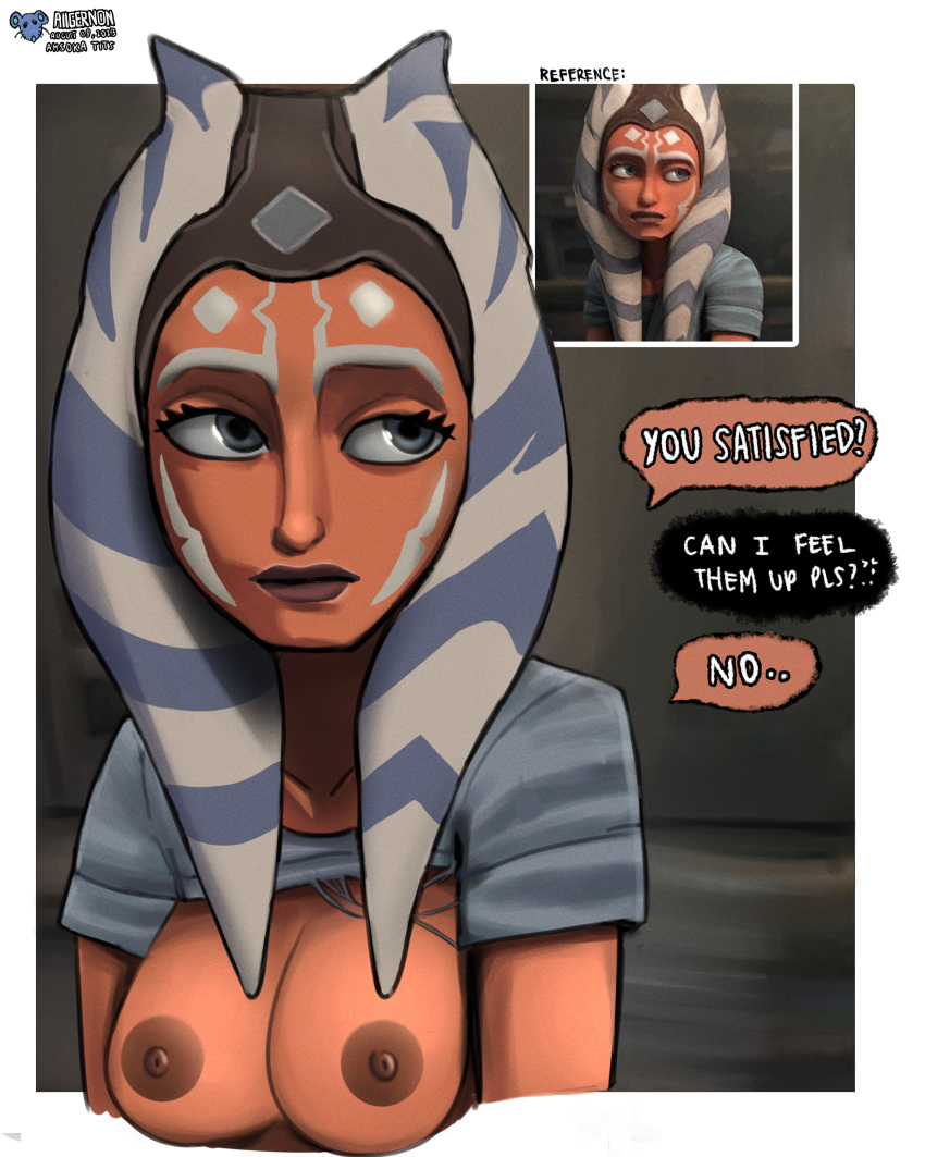 1girl absurdres ahsoka_tano alien breasts buddywalker7 derivative_work highres lekku_(anatomy) lips looking_up nipples scene_reference screencap_redraw shadow solo star_wars star_wars:_the_clone_wars togruta