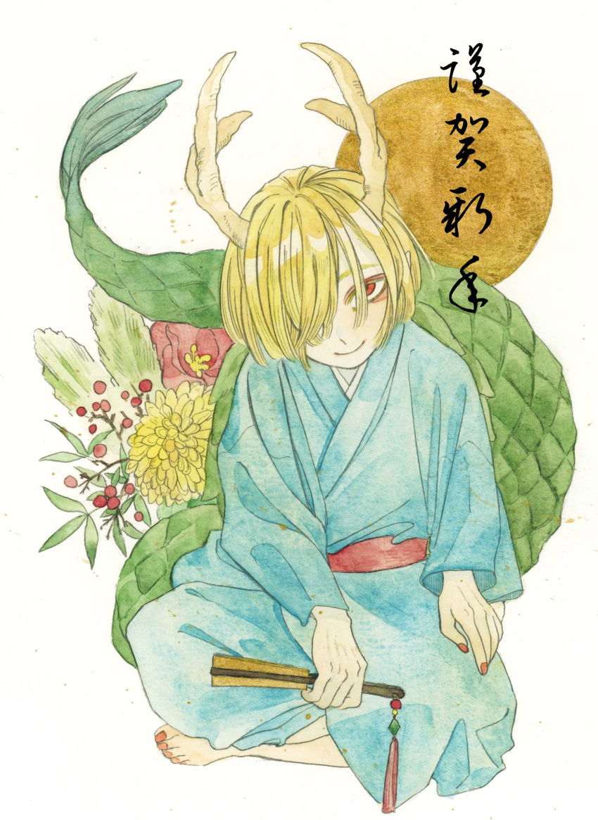 1girl antlers blonde_hair blue_kimono dragon_girl dragon_horns dragon_tail highres horns japanese_clothes kicchou_yachie kimono kz_m_i looking_at_viewer red_eyes short_hair smile tail touhou turtle_shell yellow_horns