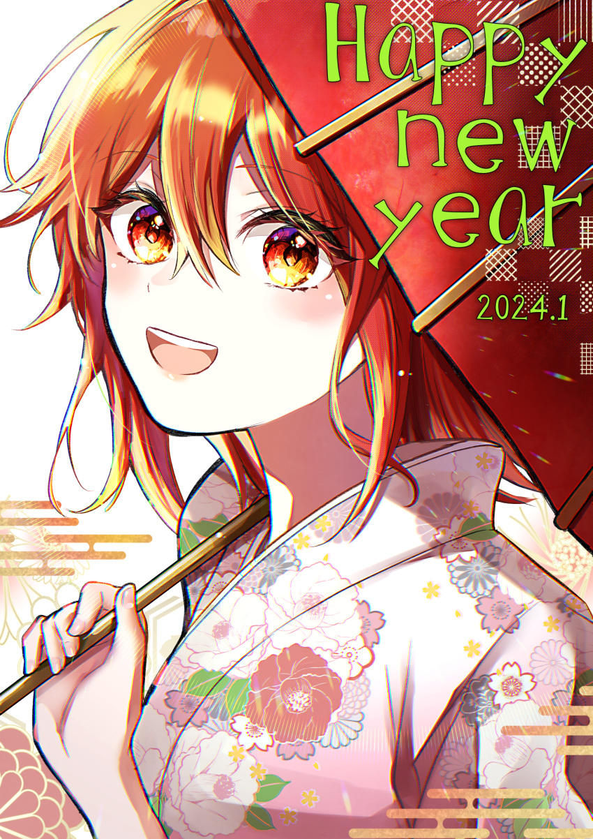 1girl 2014 :d fate/grand_order fate_(series) floral_print fujimaru_ritsuka_(female) hair_between_eyes happy_new_year highres holding holding_umbrella japanese_clothes kimono long_hair mitsubachi82 oil-paper_umbrella open_mouth orange_hair print_kimono red_eyes red_umbrella smile solo umbrella upper_body white_kimono