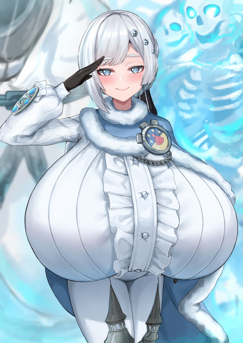 1girl absurdres akershus_fortress_(oshiro_project) badge black_gloves blue_cape blue_cloak blue_eyes bodysuit braid breasts cape center_frills cloak commission frills fur-trimmed_cape fur-trimmed_cloak fur_trim gigantic_breasts gloves grey_hair highres huge_breasts impossible_bodysuit impossible_clothes iro_(boo_iro) looking_at_viewer oshiro_project:re padded_cloak pants pixiv_commission salute skeleton smile tight_clothes tight_pants white_bodysuit