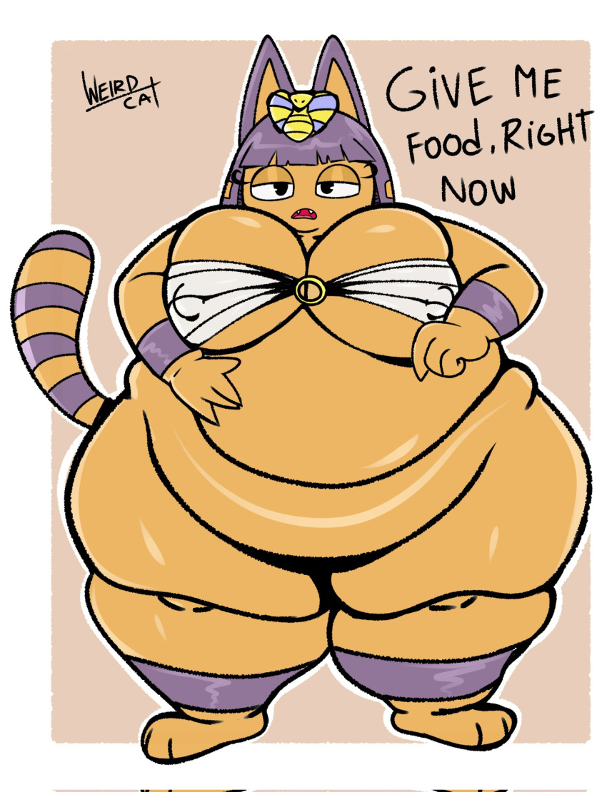 animal_crossing ankha_(animal_crossing) anthro big_breasts blue_body blue_countershading blue_hair bottomless bra bra_only breasts clothed clothing countershade_tail countershading demanding domestic_cat fat_legs felid feline felis female flabby_legs fur hair headdress hi_res huge_breasts huge_calves huge_thighs hyper hyper_thighs mammal markings morbidly_obese morbidly_obese_anthro morbidly_obese_female nintendo obese obese_anthro obese_female overweight overweight_anthro overweight_female requesting solo striped_markings striped_tail stripes tail tail_markings thick_thighs underwear underwear_only weirdocat yellow_body yellow_fur