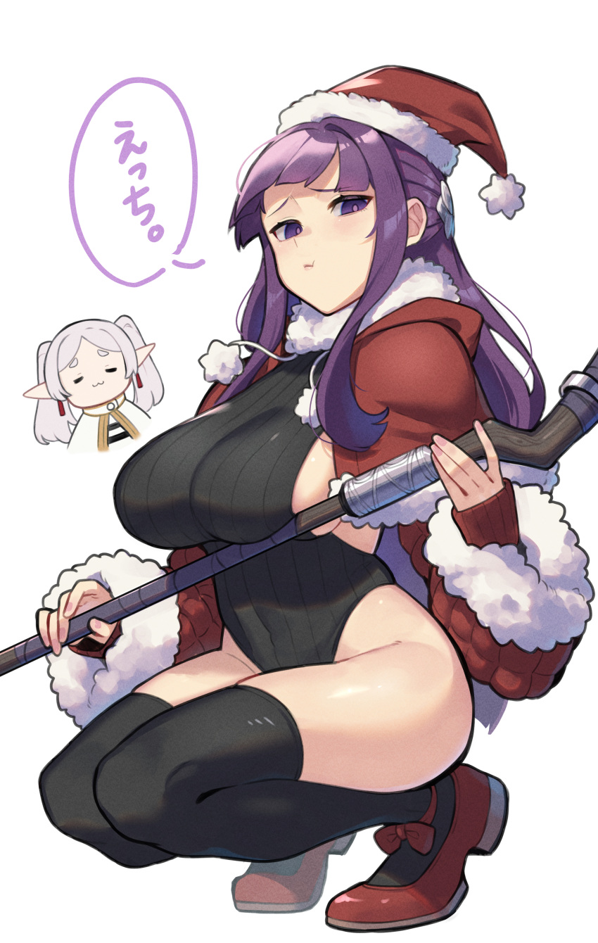 2girls absurdres black_thighhighs blunt_bangs capelet christmas commentary_request dangle_earrings earrings elf fern_(sousou_no_frieren) frieren fur-trimmed_capelet fur-trimmed_headwear fur_trim hat highres jewelry leotard mage_staff multiple_girls partially_translated pointy_ears pout purple_eyes purple_hair purple_pupils red_capelet red_headwear ribbed_leotard santa_hat sousou_no_frieren straight_hair thighhighs thighs toriniku29 translation_request