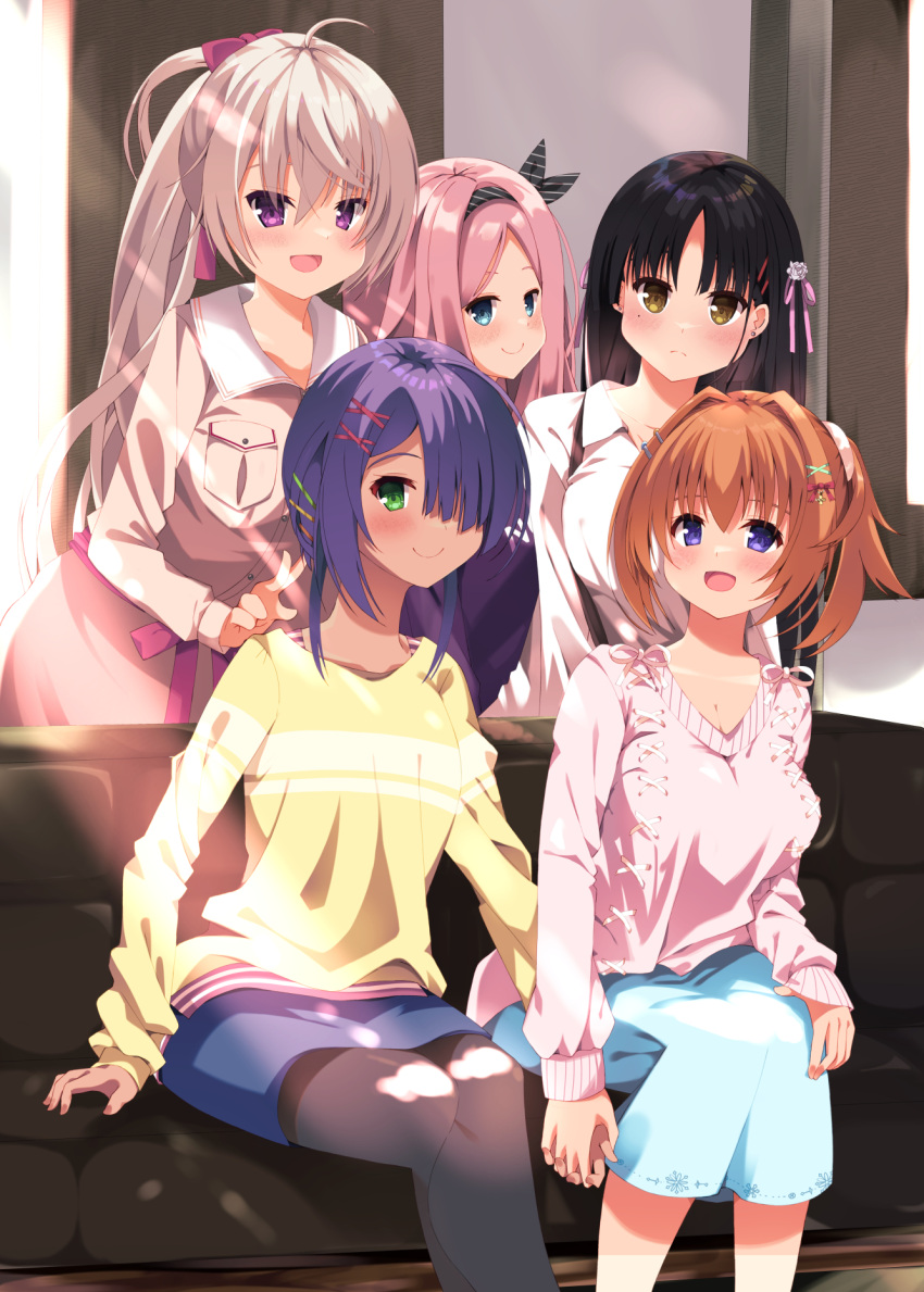 5girls :d ahoge akizuki_kanna aqua_eyes aqua_skirt arm_at_side black_hair black_pantyhose black_ribbon blue_skirt blush bow breasts c: cafe_stella_to_shinigami_no_chou casual closed_mouth collared_shirt commentary cowboy_shot earrings eyes_visible_through_hair feet_out_of_frame frown green_eyes hair_between_eyes hair_bow hair_intakes hair_ornament hair_ribbon hairclip highres hiuchidani_mei holding_hands indoors jewelry large_breasts light_brown_hair long_hair looking_at_viewer minase_kaya mole mole_under_eye multiple_girls open_mouth orange_hair pantyhose parted_bangs pencil_skirt pink_hair pink_ribbon pink_sweater ponytail purple_eyes purple_hair red_bow ribbon shiki_natsume shioyama_suzune shirt short_hair_with_long_locks side_ponytail sitting skirt sleeves_past_wrists smile split_mouth standing straight_hair stud_earrings sumizome_nozomi sweater v very_long_hair white_shirt x_hair_ornament yellow_eyes yellow_sweater