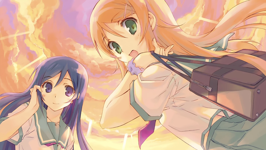 aragaki_ayase clouds green_eyes kousaka_kirino mitsumi_misato ore_no_imouto_ga_konnani_kawaii_wake_ga_nai seifuku sky