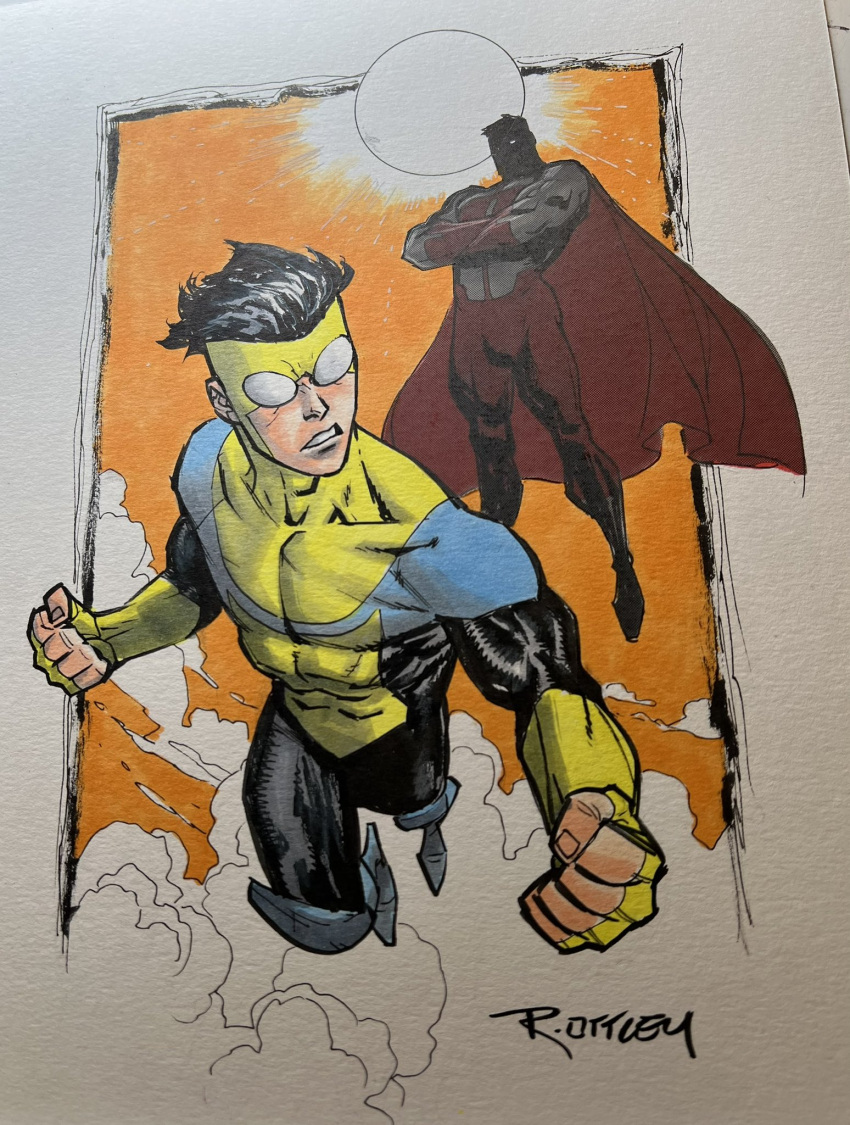 black_hair bodysuit boots cape clenched_hands commentary commission covered_abs crossed_arms english_commentary father_and_son fingerless_gloves gloves highres invincible_(character) invincible_(series) knee_boots mark_grayson marker_(medium) nolan_grayson omni-man photo_(medium) red_cape ryan_ottley serious shaded_face sun traditional_media