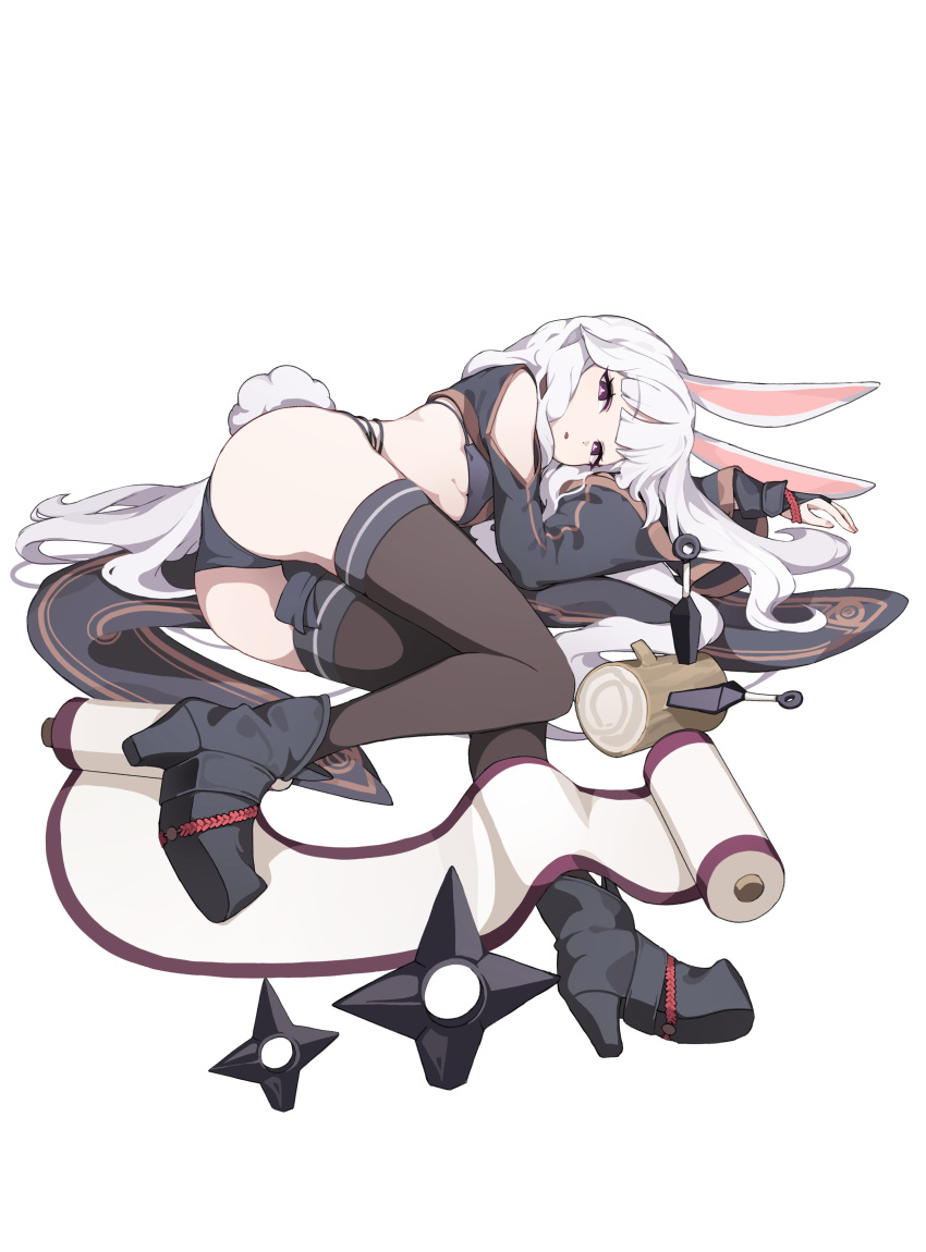 1girl absurdres animal_ears ass black_footwear black_panties black_shirt black_thighhighs boots crop_top high_heel_boots high_heels highres kunai legs long_hair lying ninja no_pants on_side original panties rabbit_ears rabbit_girl rabbit_tail scroll shirt shuriken solo tail thighhighs thighs toombo12 underwear weapon white_hair