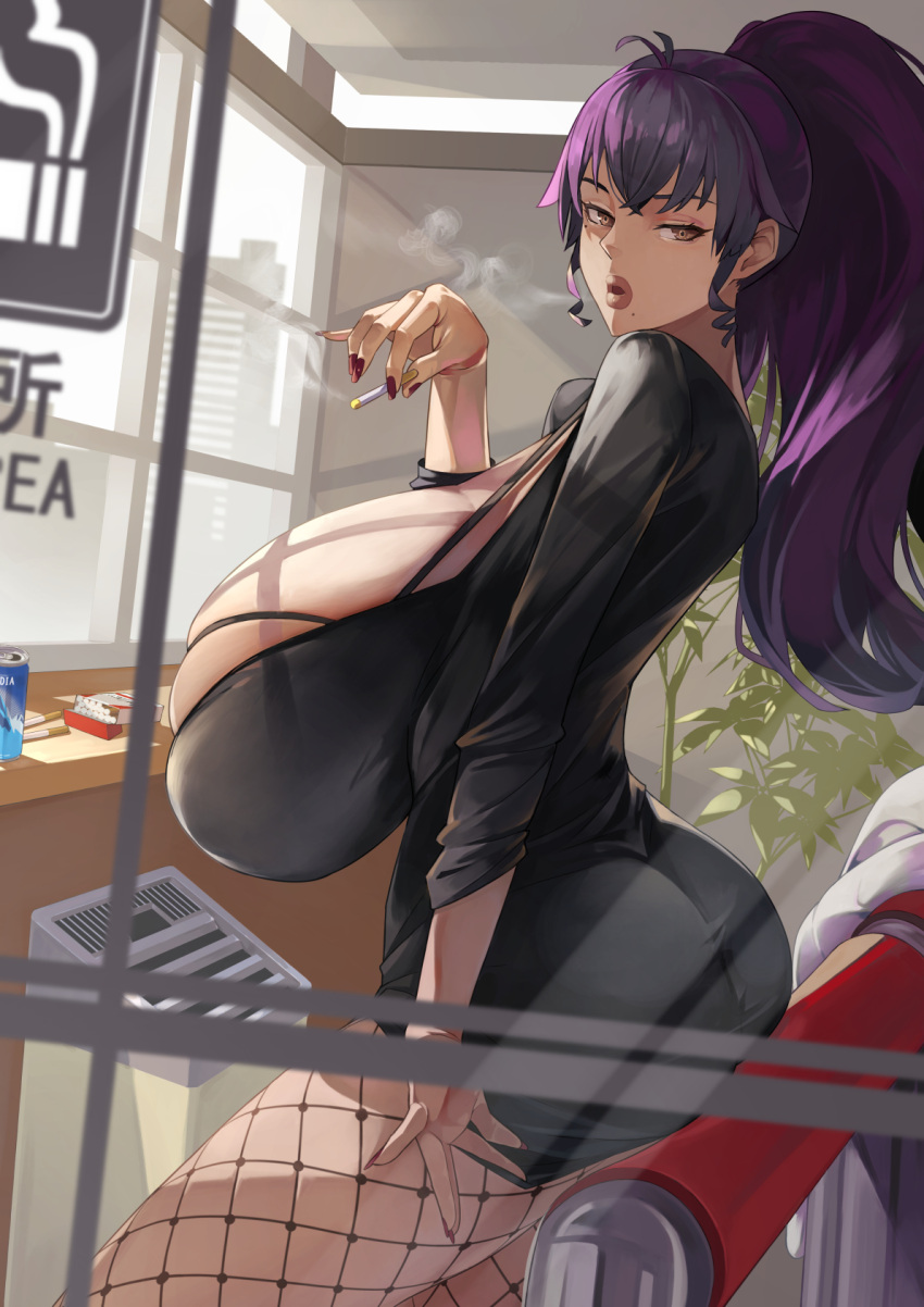 1girl against_railing agu_(agrias777) ass black_dress breasts brown_eyes building can cigarette cigarette_pack commentary_request curvy dress drink_can fishnets gigantic_breasts high_ponytail highres holding holding_cigarette huge_ass huge_breasts indoors large_breasts lips long_hair looking_at_viewer mature_female maya_motoko_(agu) mole mole_under_mouth nail_polish open_mouth original parted_lips plant plump ponytail purple_hair railing red_nails smoking soda_can solo solo_focus sunlight thick_lips tight_clothes tight_dress window