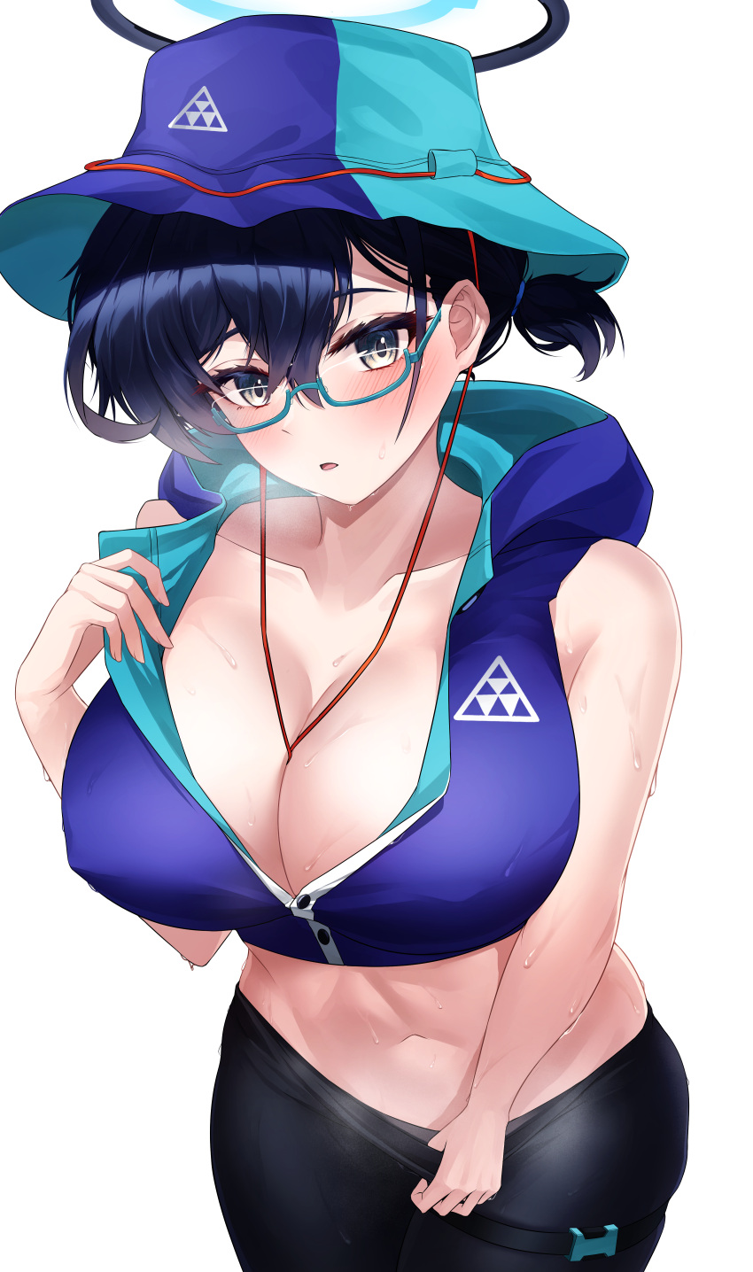 1girl absurdres aqua-framed_eyewear bare_shoulders between_breasts black_hair black_pantyhose blue_archive blue_headwear blue_vest blush breasts chihiro_(blue_archive) chihiro_(camp)_(blue_archive) cleavage collarbone commentary cowboy_shot glasses green_headwear hair_between_eyes halo hat highres hood hood_down hooded_vest hoodie large_breasts looking_at_viewer navel official_alternate_costume official_alternate_hairstyle open_mouth pantyhose short_hair sidelocks simple_background solo ssb_(nit8921) standing steam stomach strap_between_breasts sweat thigh_strap two-tone_headwear vest white_background