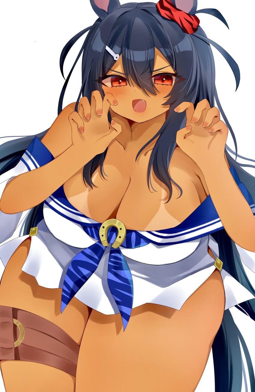 1girl absurdres animal_ears animal_print bare_shoulders bikini black_bikini blue_neckerchief blue_sailor_collar breasts claw_pose cleavage commentary_request cowboy_shot dark-skinned_female dark_skin ear_ornament fang hair_ornament hairclip highres hishi_amazon_(umamusume) horse_ears horse_girl horse_tail kaoru_(h8qm9) large_breasts long_hair long_sleeves looking_at_viewer neckerchief one_eye_closed open_mouth sailor_collar shirt smile solo swimsuit tail thigh_strap tiger_print umamusume very_long_hair white_background white_shirt wide_sleeves