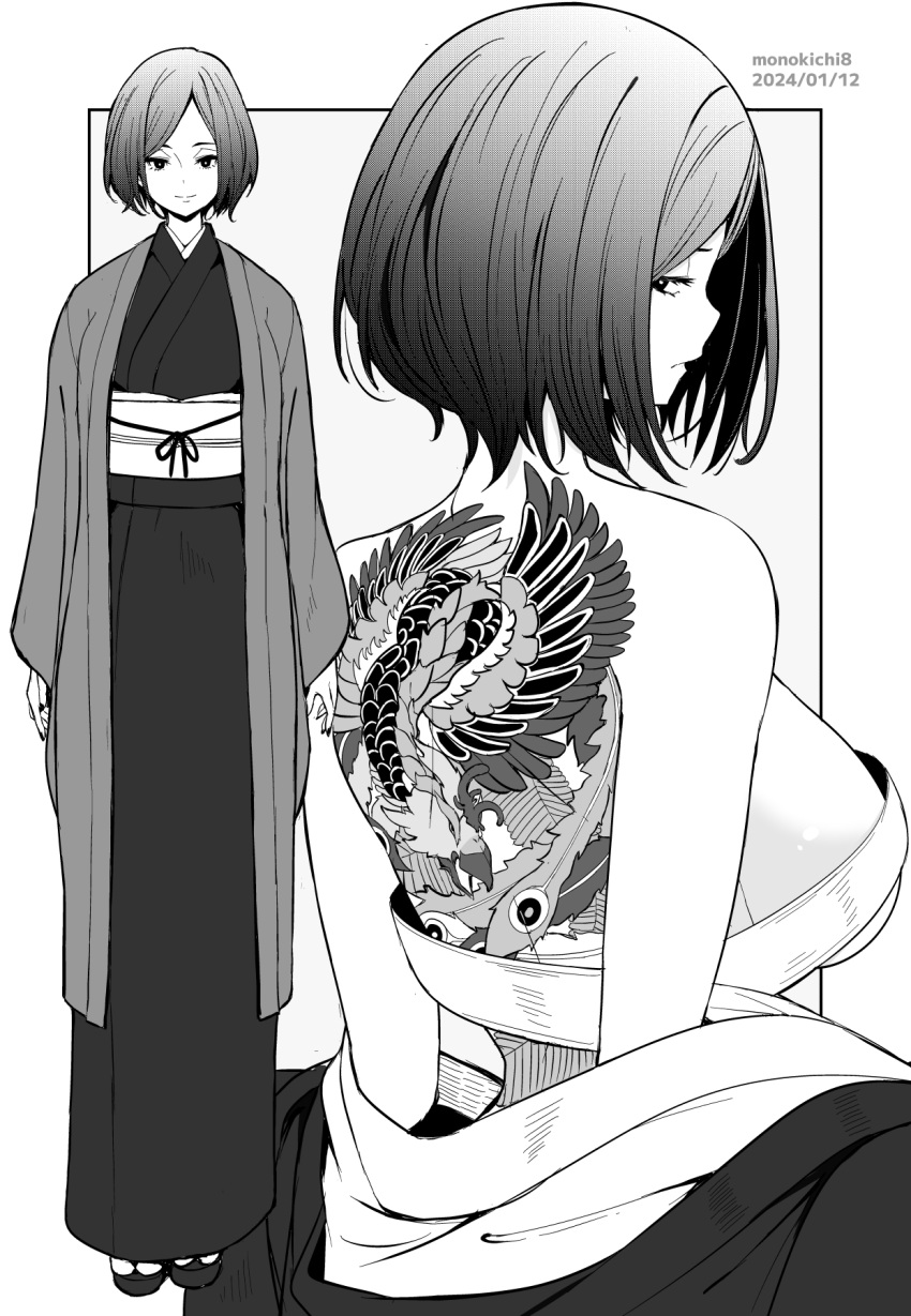 1girl artist_name back_tattoo bare_shoulders breasts chest_sarashi closed_mouth commentary_request dated from_behind full_body grey_background greyscale haori highres japanese_clothes kichihachi kimono large_breasts looking_at_viewer looking_back monochrome multiple_views original sarashi sideboob smile tattoo two-tone_background white_background