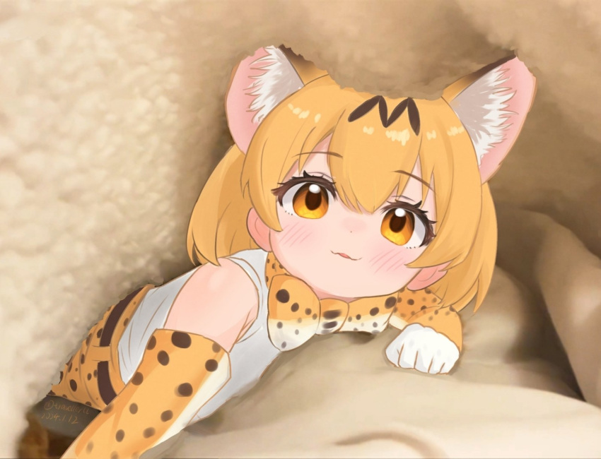 1girl :3 animal_ears bare_shoulders blonde_hair blush bow bowtie cat_ears cat_girl elbow_gloves extra_ears gloves hair_between_eyes high-waist_skirt highres kemono_friends looking_at_viewer photo-referenced photo_background print_bow print_bowtie print_gloves print_skirt serval_(kemono_friends) serval_print shirt short_hair sidelocks skirt sleeveless solo travellerll under_covers white_shirt yellow_eyes