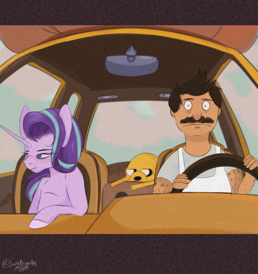 1_horn 3_fingers 5_fingers adventure_time anthro apron arm_hair black_eyebrows black_eyelashes black_facial_hair black_hair black_mustache black_nose blue_eyes blue_sky bob's_burgers bob_belcher body_hair canid canine canis car cartoon_network clothing cloud day domestic_dog driving equid equine eyebrows eyelashes eyelashes_through_hair facial_hair female feral fingers friendship_is_magic front_view frown fur grey_clothing grey_shirt grey_t-shirt grey_topwear group hair hairy_arms hasbro hooves horn human inside_car jake_the_dog letterbox looking_aside male mammal meme mouth_closed multicolored_hair mustache my_little_pony paws purple_body purple_ears purple_fur purple_hair purple_hooves purple_horn rearview_mirror shirt signature sitting sky snout starlight_glimmer_(mlp) steering_wheel sweetvixenarts t-shirt tan_body tan_skin teal_hair topwear translucent translucent_hair trio two_tone_hair unicorn unicorn_horn vehicle white_apron white_eyes wide_eyed yellow_body yellow_ears yellow_fur