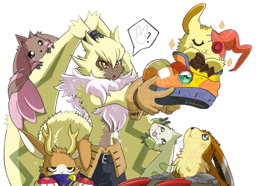 anthro bandai_namco blush clothing digimon digimon_(species) digimon_ghost_game feral fluffy_chest footwear fur gloves group handwear hi_res lagomorph leporid long_ears lopmon male mammal ponytail_ears portugueselynx prairiemon pyontomon rabbit shoes smile symbareangoramon terriermon unknown_species yellow_body yellow_fur