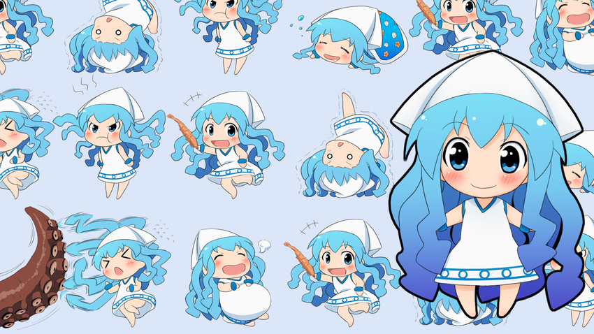 &gt;_&lt; :d :t blanket blue_eyes blue_hair chibi closed_eyes dress gradient_hair happy hat highres ikamusume long_hair mameshiba mini-ikamusume multicolored_hair multiple_views o_o open_mouth shinryaku!_ikamusume shrimp sleeping smile tentacle_hair tentacles trembling upside-down wallpaper