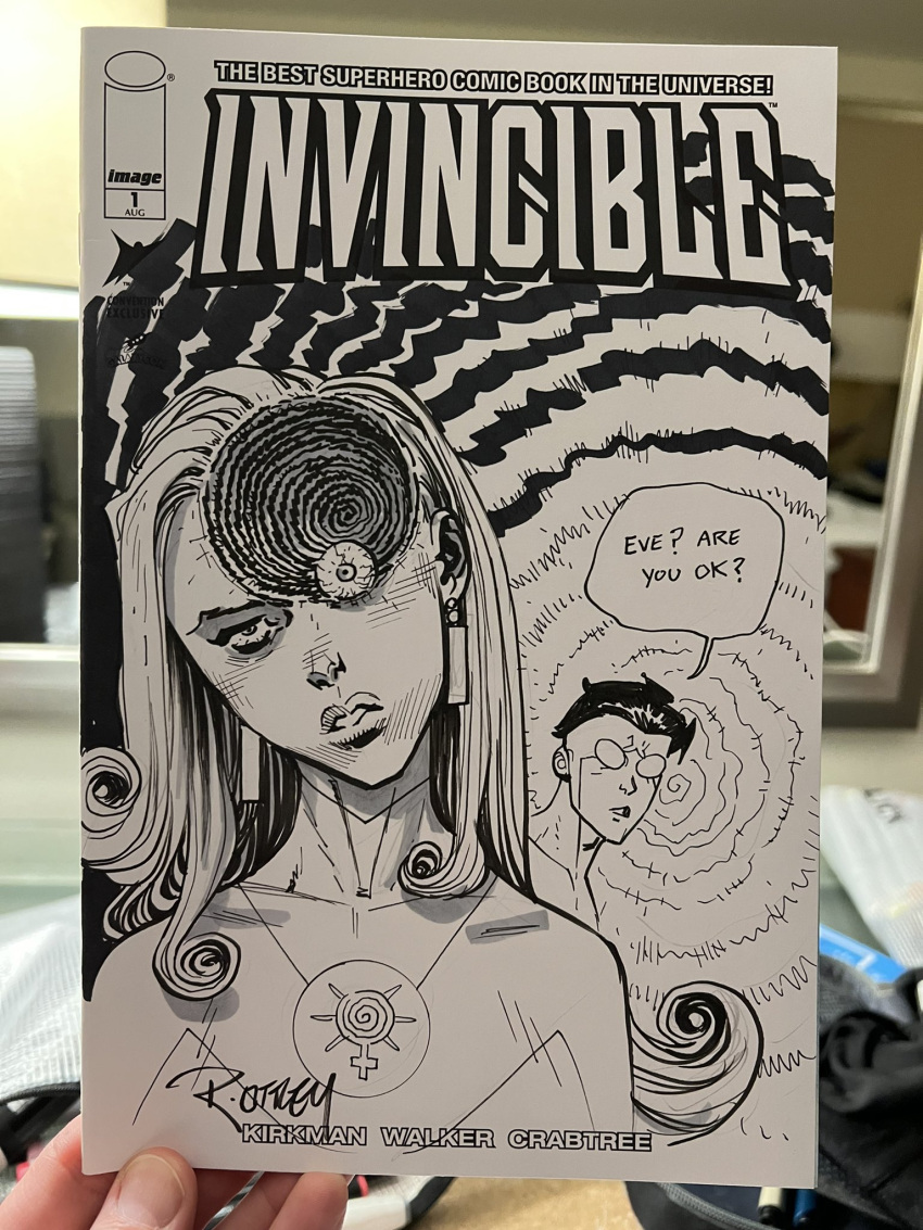 1boy 1girl atom_eve commission earrings english_text eyeball highres invincible_(character) invincible_(series) jewelry long_hair mark_grayson marker_(medium) parody photo_(object) ryan_ottley samantha_eve_wilkins signature traditional_media uzumaki