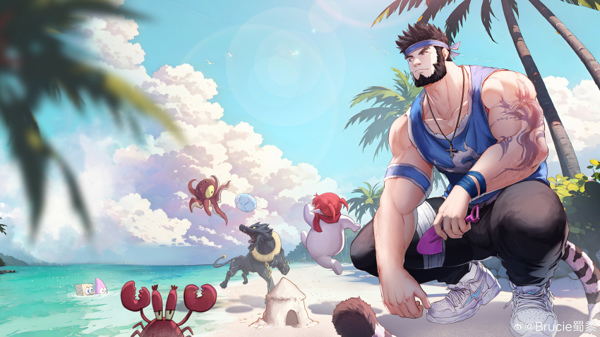 1boy absurdres animalization arm_tattoo artist_request bandaged_leg bandages bara bare_arms beach beard black_hair blue_headband blue_shirt blue_sky brucie_(infighter821) character_request check_artist cloud cross cross_necklace day demon_dog dungeon_and_fighter facial_hair full_beard headband highres jewelry kicking kulolin large_pectorals leg_belt male_focus male_priest_(dungeon_and_fighter) mature_male mr._krabs muscular muscular_male necklace ocean original outdoors palm_tree patrick_star pectorals sand second-party_source shirt short_hair sideways_glance sky sleeveless sleeveless_shirt spongebob_squarepants spongebob_squarepants_(series) squatting tail tattoo thick_beard tiger_tail tree water